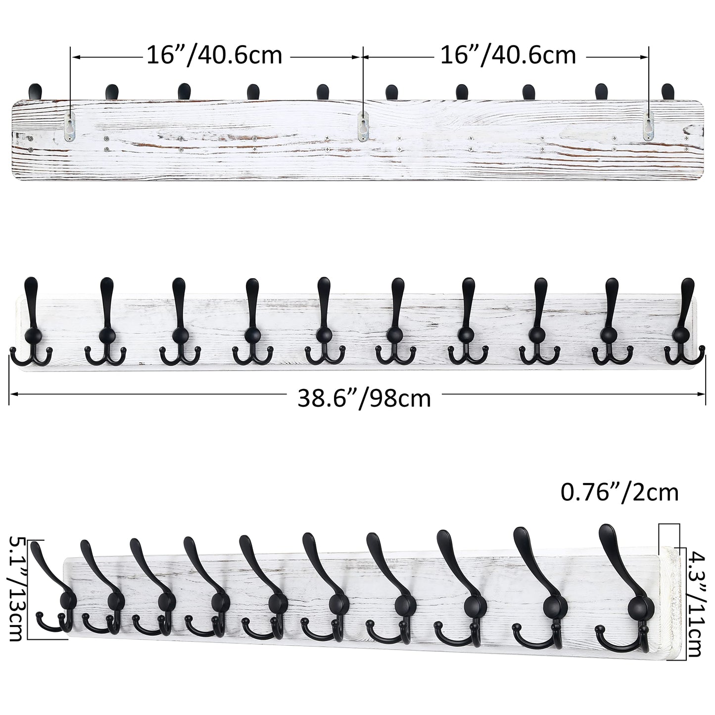 SKOLOO Coat Rack Wall Mounted - 38.3'' Long, Wooden, Heavy Duty, Rustic Coat Hooks for Wall, Wall Coat Rack with 10 Triple Hooks for Hanging Clothes, Jacket, Hat(Weathered White)