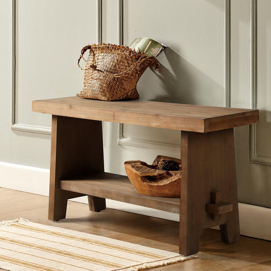HOKYHOKY Solid Wood Entryway Bench - 31.5" Farmhouse Small Storage Bench, Rustic Narrow Bench Seat for Indoor, Entryway, Dining Room, Living Room and Hallway, Brown