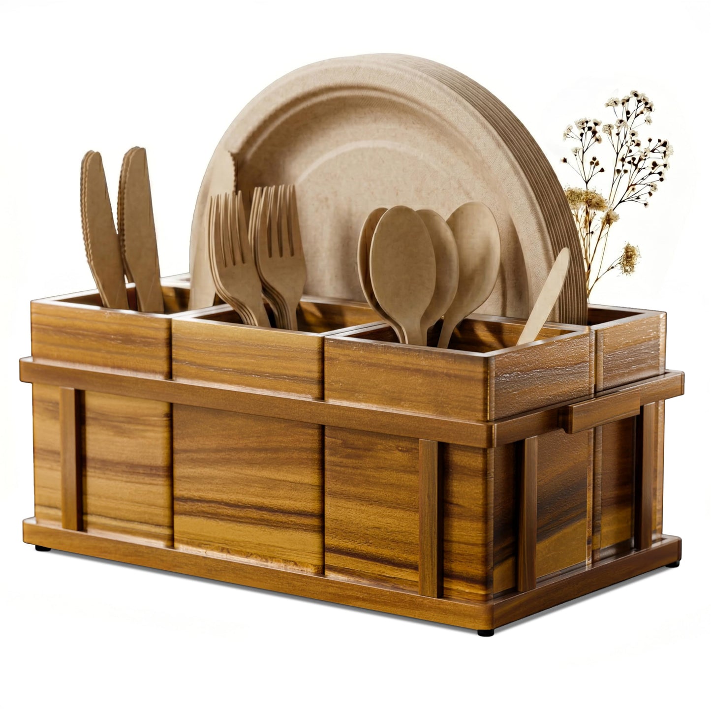LotusSway Acacia Silverware Caddy for Parties, Utensil Caddy with Paper Plate Dispenser, 4-Compartment Cutlery Flatware Organizer for Spoons, Forks, Napkins - Natural Wood Finish