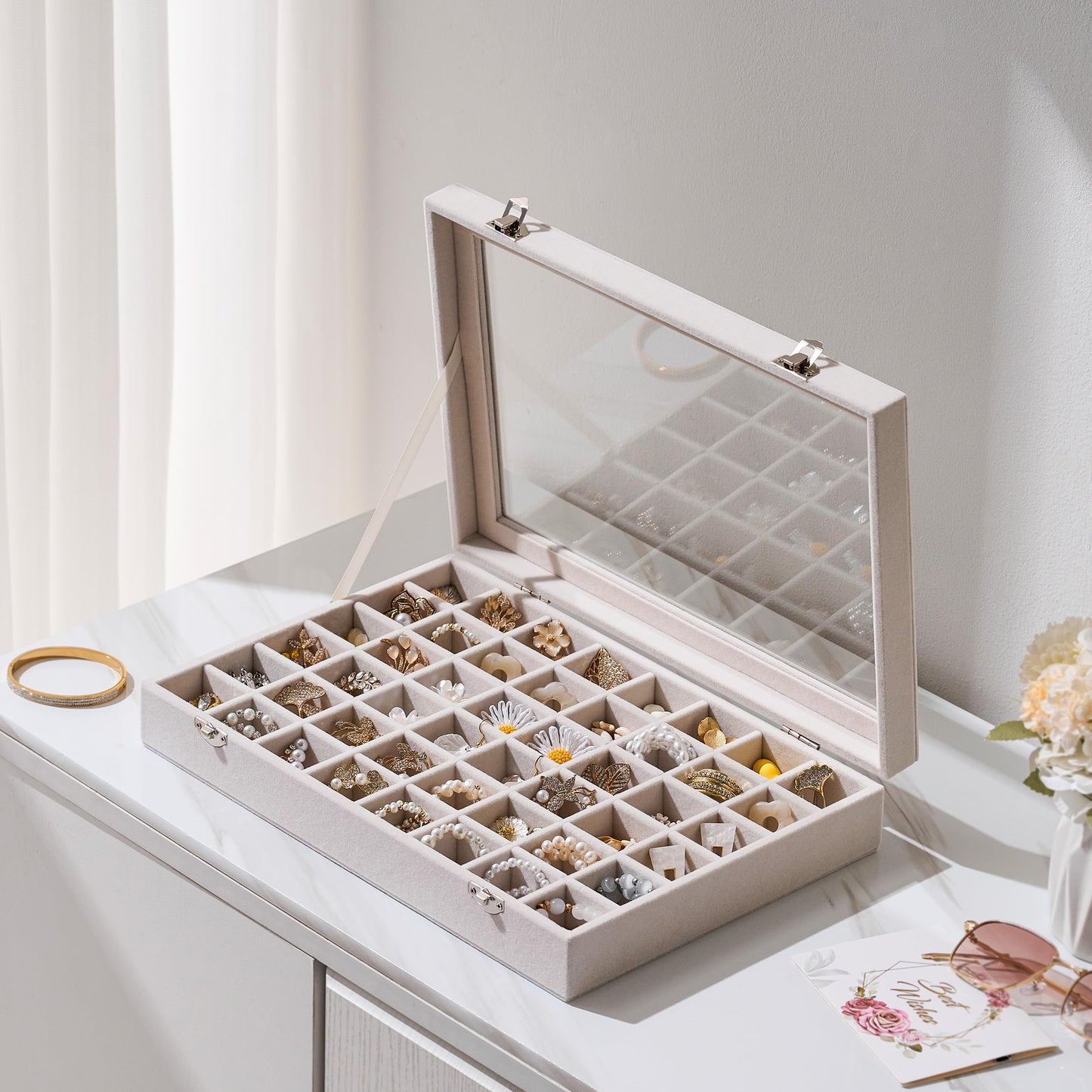 Josmimic 48 Grid Earring Organizer and Storage: Velvet Jewelry Tray with Lid, Jewelry Box for Studs, Earrings, Rings, Necklaces, Dresser & Vanity, Earrings Case for Girls, Women, 13"x8.6"x2.4", Beige