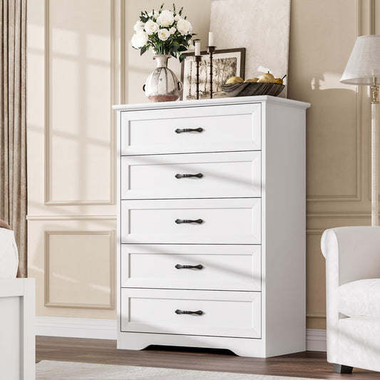 GarveeHome 5 Drawers Dresser for Bedroom, Chest of Drawers with Wide Metal Handle, Farmhouse Modern Wooden Tall Dresser, Natural Texture, Storage Organizer for Bedroom, Living Room, Kids Room(White)