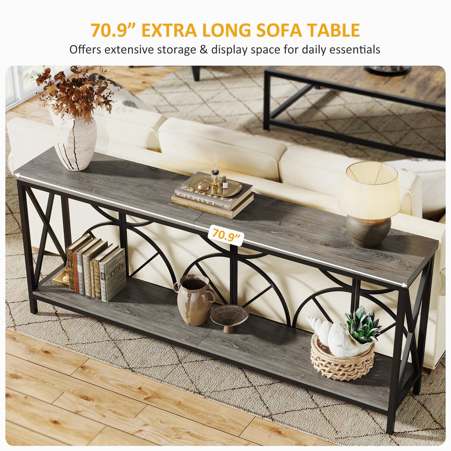 Celaform 70.9-Inch Extra Long Sofa Table, Narrow Console Table Behind Couch with Storage for Entryway, Living Room, Entrance, Hallway, Foyer, Unique Geometric (Grey)