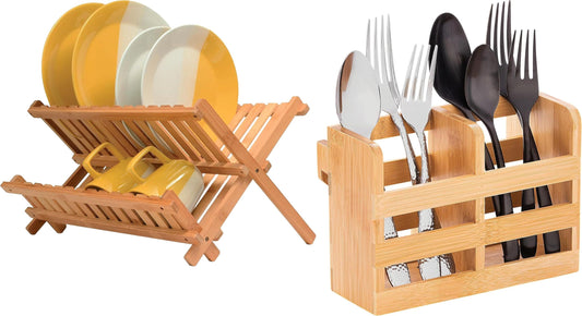 Bambüsi Bamboo Dish Drying Rack and Utensil Holder Set Bundle