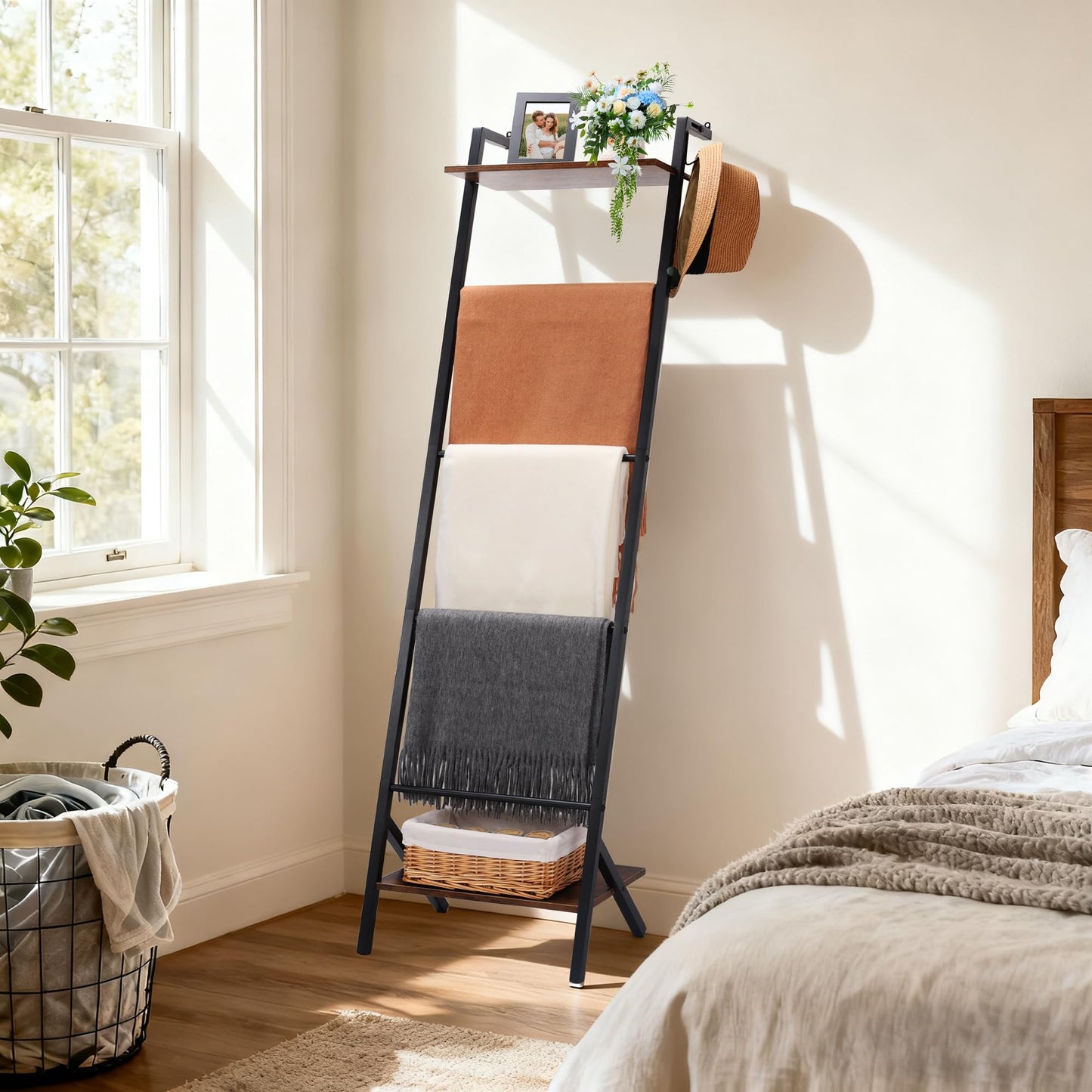 Outink 5 Tier Blanket Ladder with Shelf and Hooks, 4.8ft Metal Ladder Shelf Blanket Holder Storage Rack for Living Room, Free Standing Blanket Rack for Storage and Home Decor