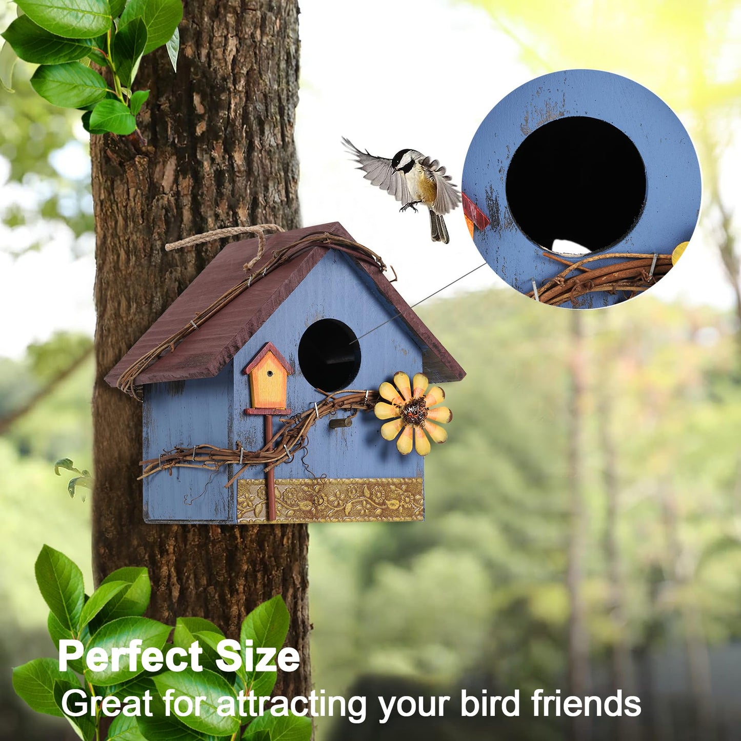 AHUONEL Hanging Bird Houses for Outside Decorative Birdhouse, Garden Bird Feeders for Outdoors, Blue Wooden Bird Nest Box for Wren Finchs Hummingbird Cardinal Bluebird Wild Birds, Gift for Bird Lovers