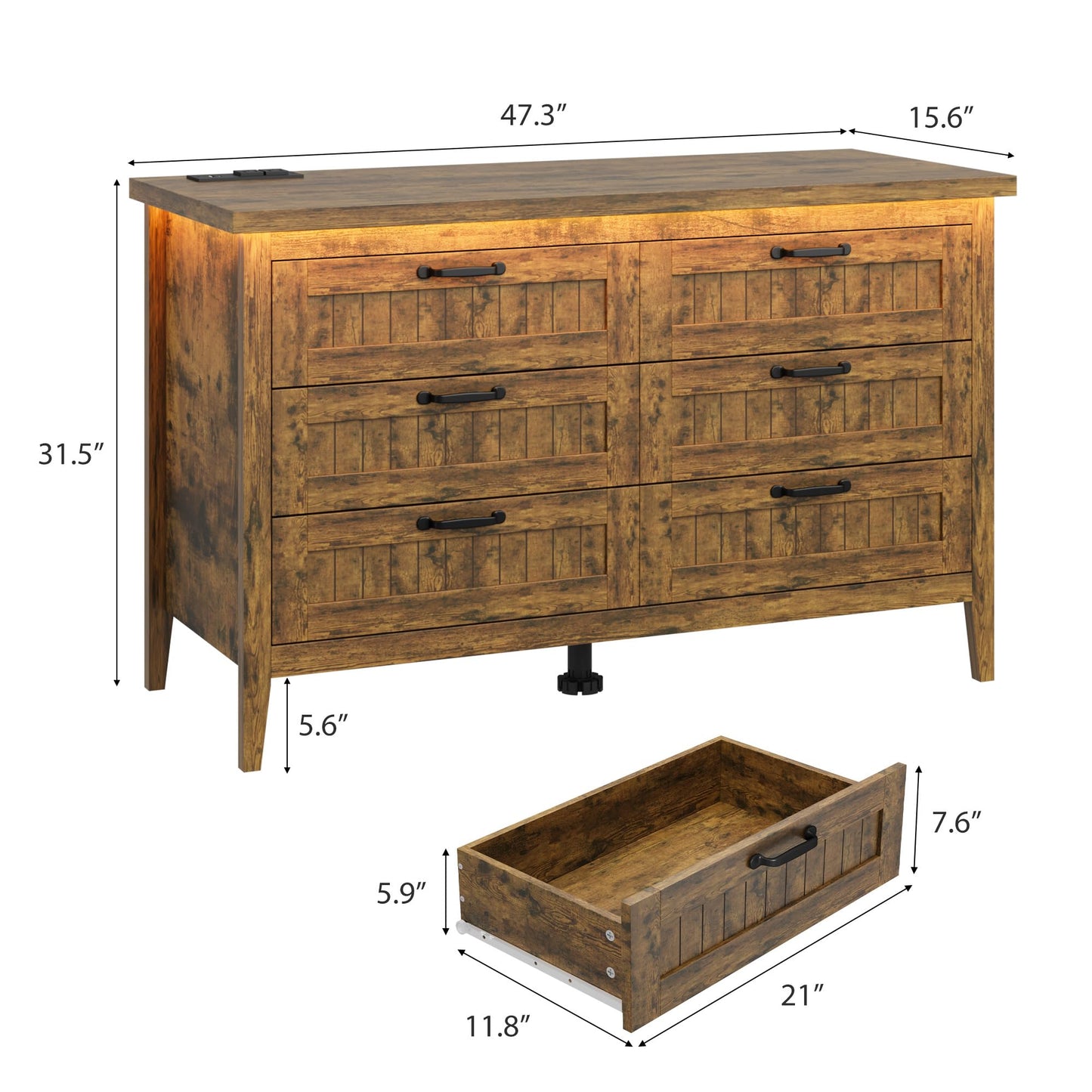 Garvee 6 Drawer Dresser with Power Outlet & LED Lights, Rustic Brown