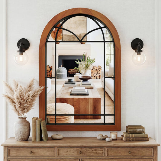 Farmhouse Arched Mirrors for Wall Decor, Large Arch Wooden Metal Inner Frame Mirror, Brown Rustic Wall Decor Mirrors for Entryway,Living Room,Bedroom, 36"x24"
