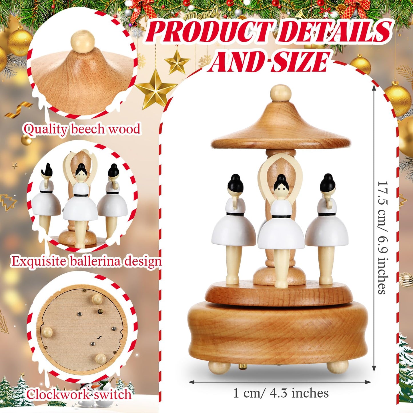 Bucherry Wooden Ballerina Music Box Wood Grain Dancing Ballerina Music Box Beech Wind up Musical Figurine for Valentine's Day Christmas Birthdays Anniversaries Gift Holiday Party Decor