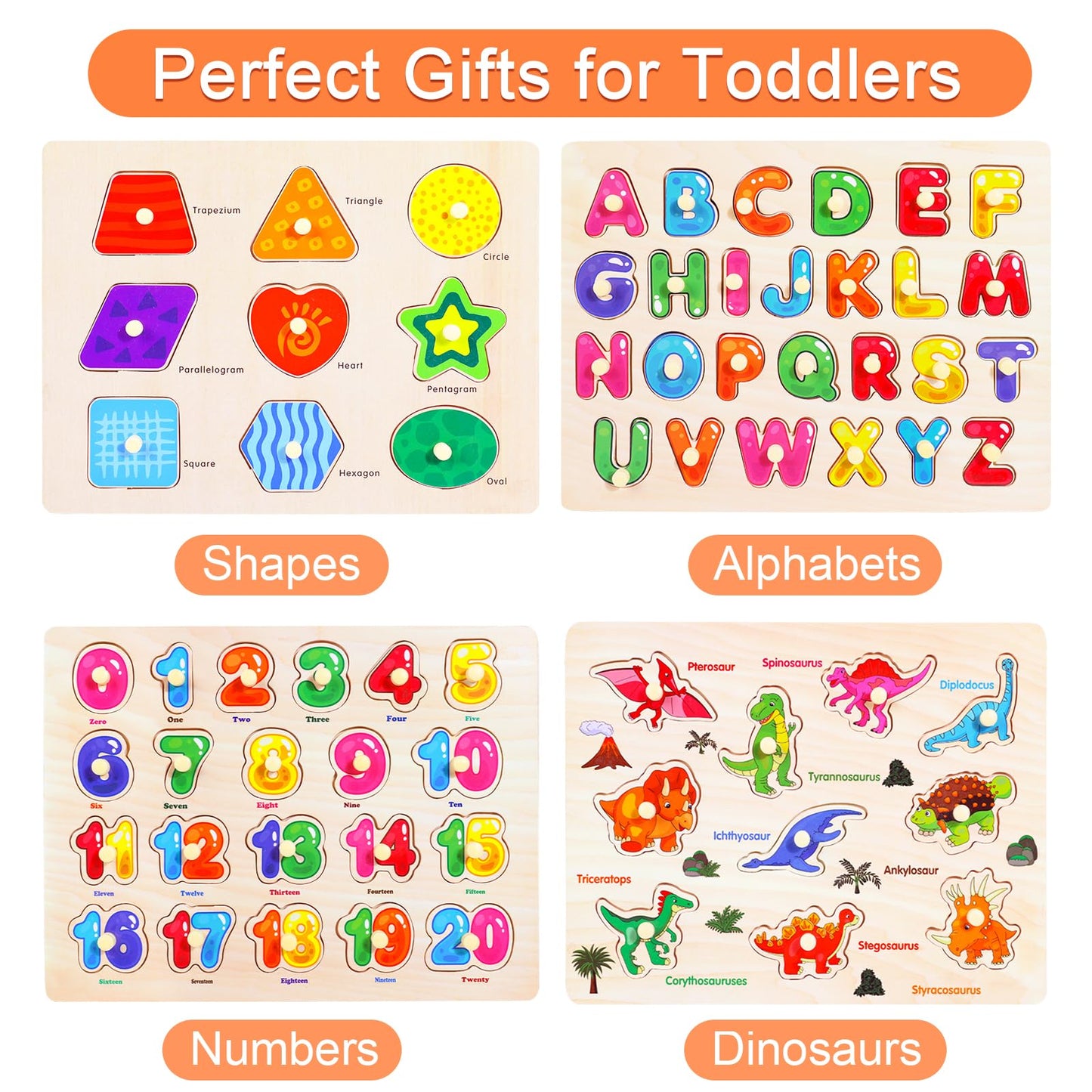 Melofaver Montessori Wooden Peg Puzzles for Toddlers 3 4 5 Year Old, 4 Pcs Kids Educational Toys Preschool Learning Activities-Alphabet, Shape, Number and Dinosaur, Baby Puzzle Gifts for Boys Girls