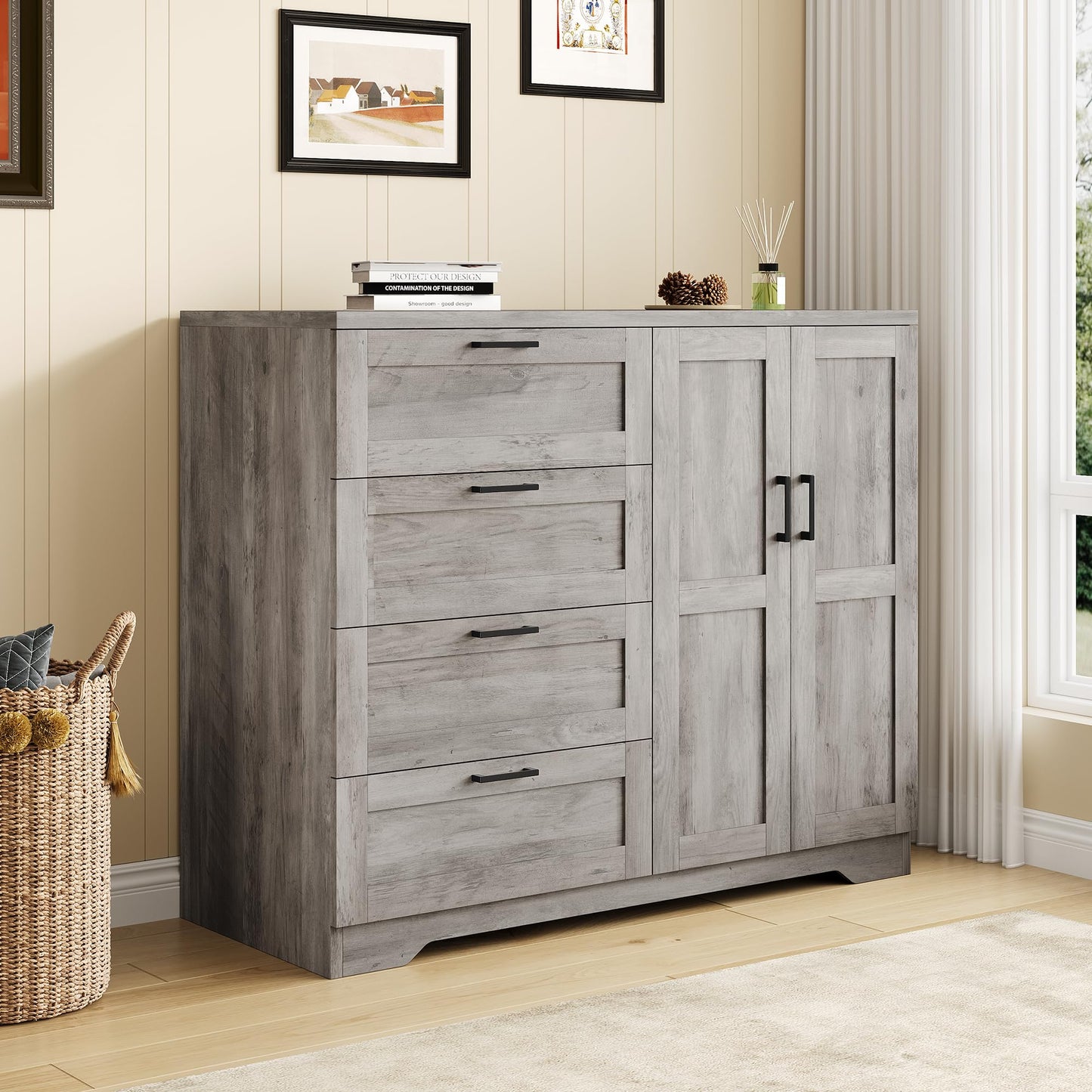 IDEALHOUSE 43.3'' H Armoire Wardrobe Closet with 4 Drawers and 2 Doors, Hanging Rod, Multifunctional Wooden Dresser with Storage Closet, Bathroom Cabinet for Bedroom, Gray