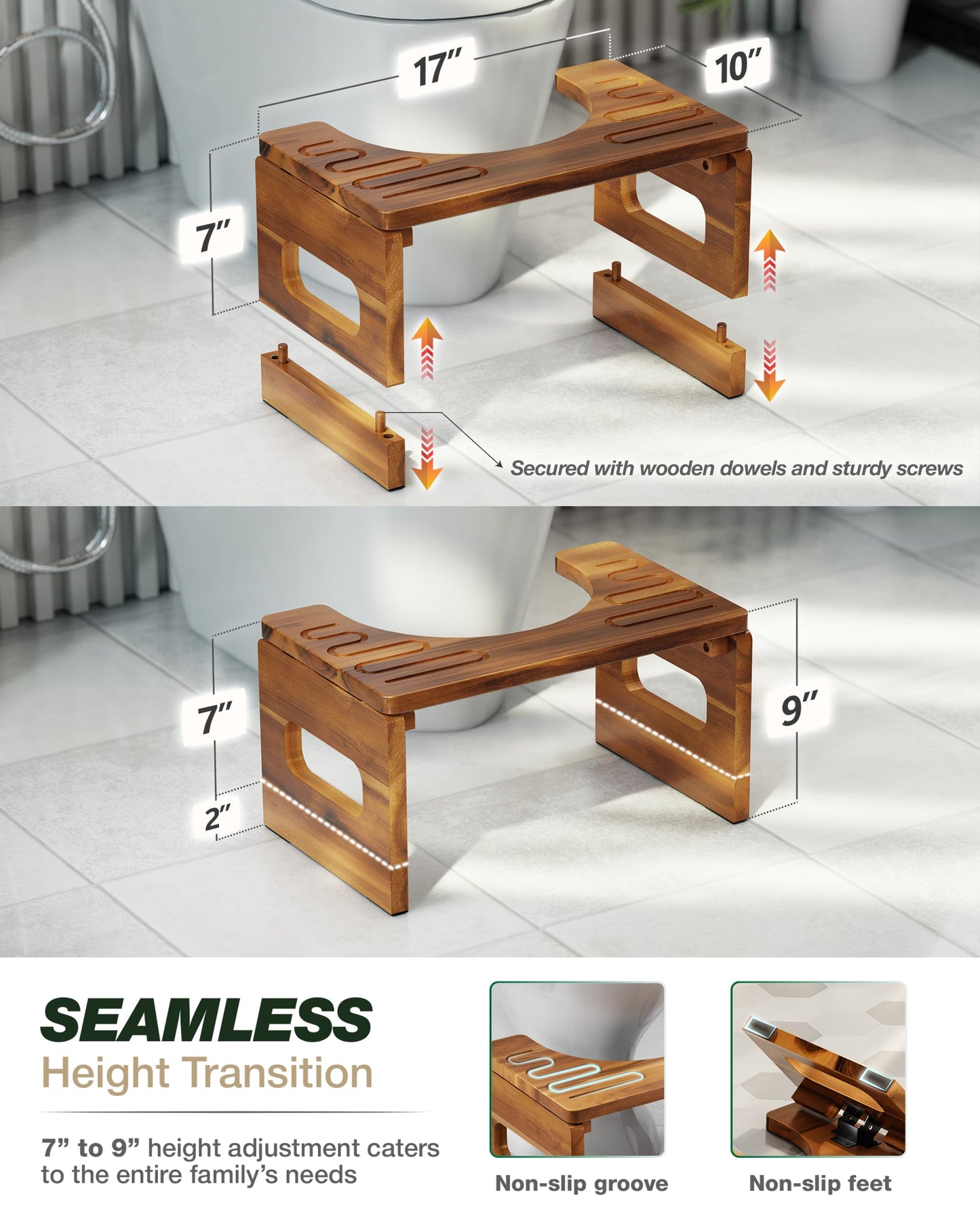BLUEWEST Foldable Toilet Stool, 7'' and 9'' Adjustable Heights Acacia Wood Poop for Potty Training,Durable Collapsible Bathroom Stool, Adjustable Height for Family Members with Non-Slip Layer