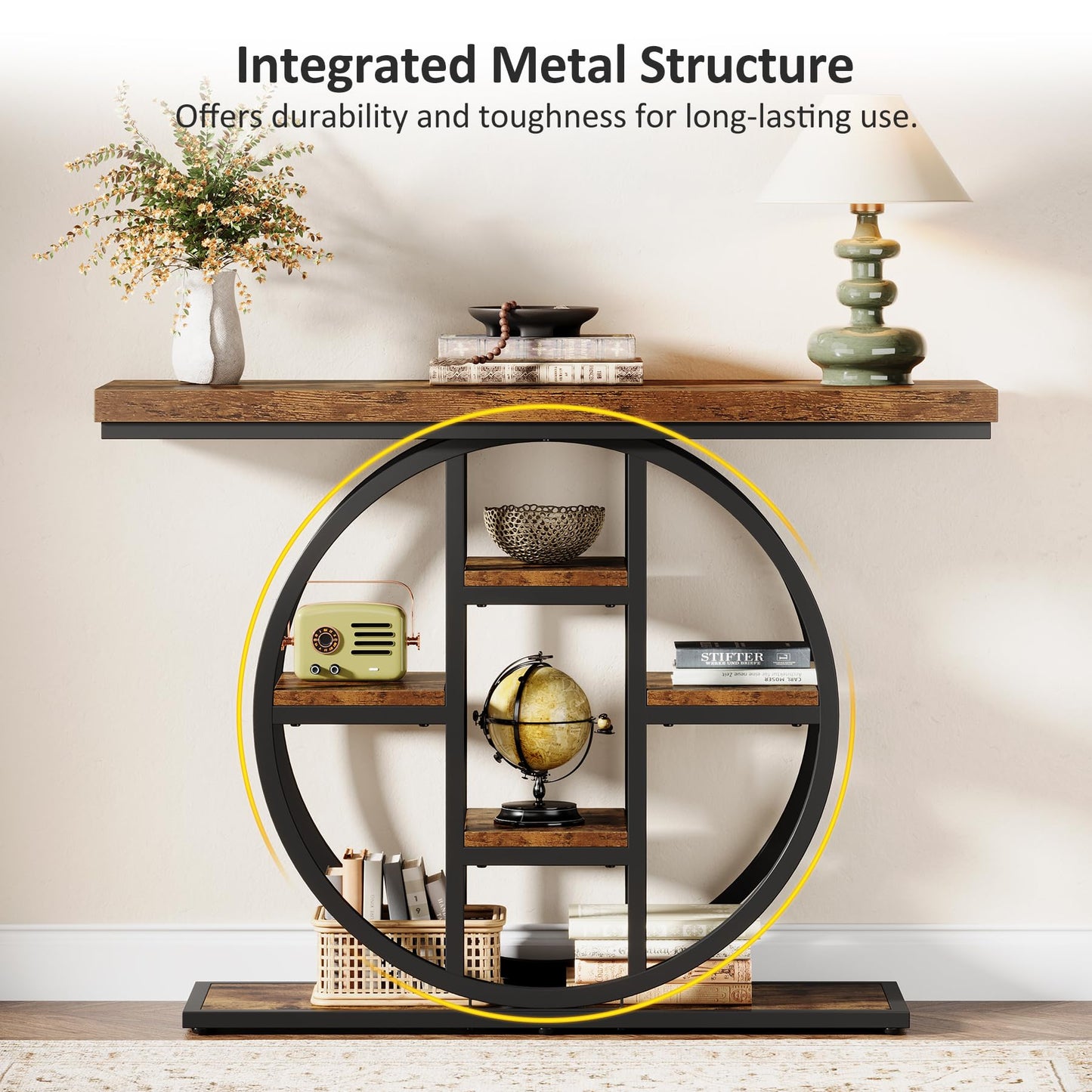Celaform 41" Console Table for Entryway, 4-Tier Industrial Narrow Wood Sofa Accent Tables with Circle Storage Shelves for Living Room, Hallway, Foyer (Rustic Brown)