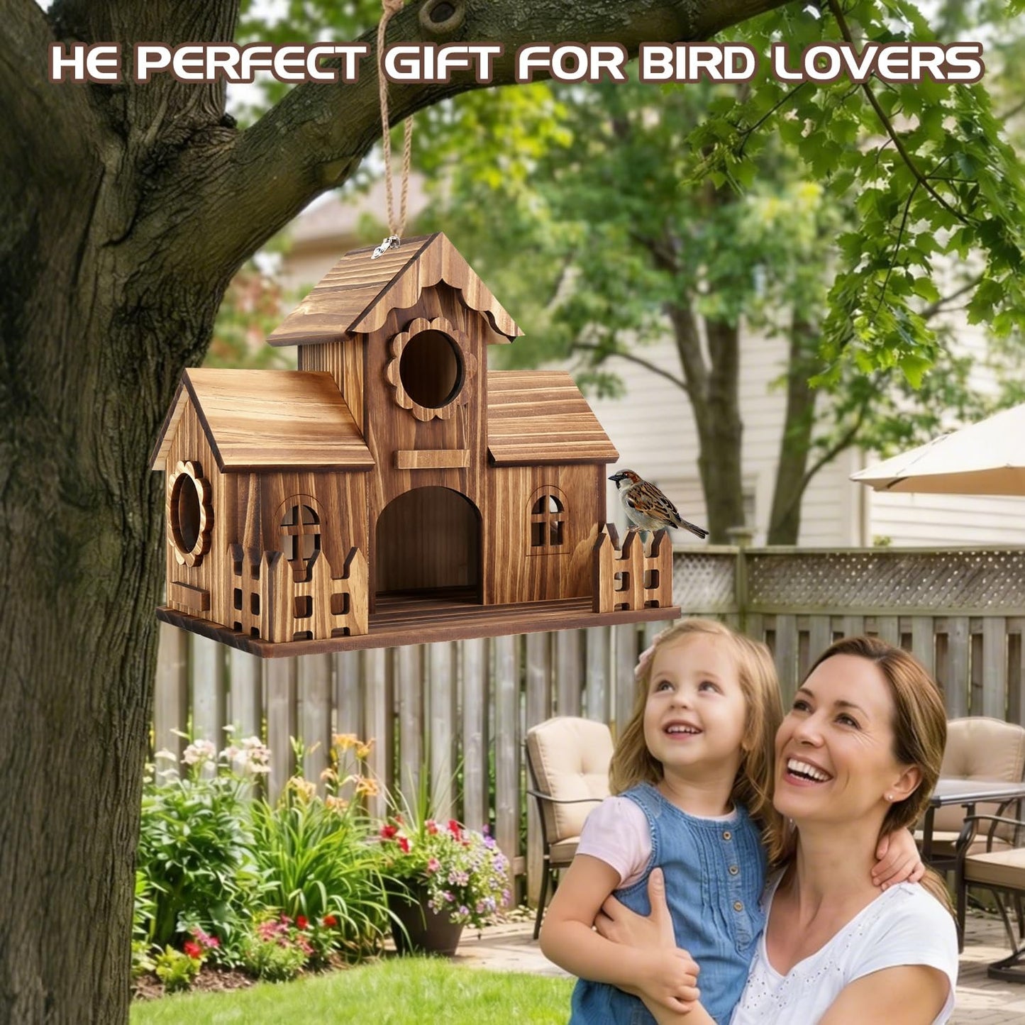 BlueYu Bird Houses for Outside with Fence Platform, 4-Hole Wooden Bird House, One-Piece Spacious Design, Hanging Birdhouse with Dual Hooks, Fits Bluebirds Sparrows Cardinals for Garden Backyard