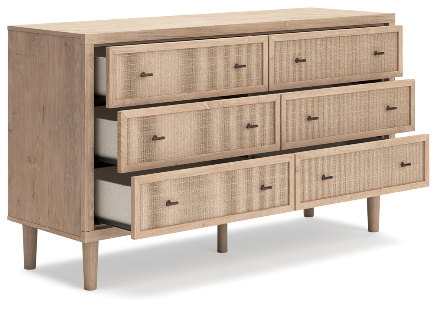 Signature Design by Ashley Cielden 6 Drawer Dresser, Quick 10-Minute Assembly, Textured Cane Details, Coastal Modern Bedroom Storage, Light Brown Two-Tone