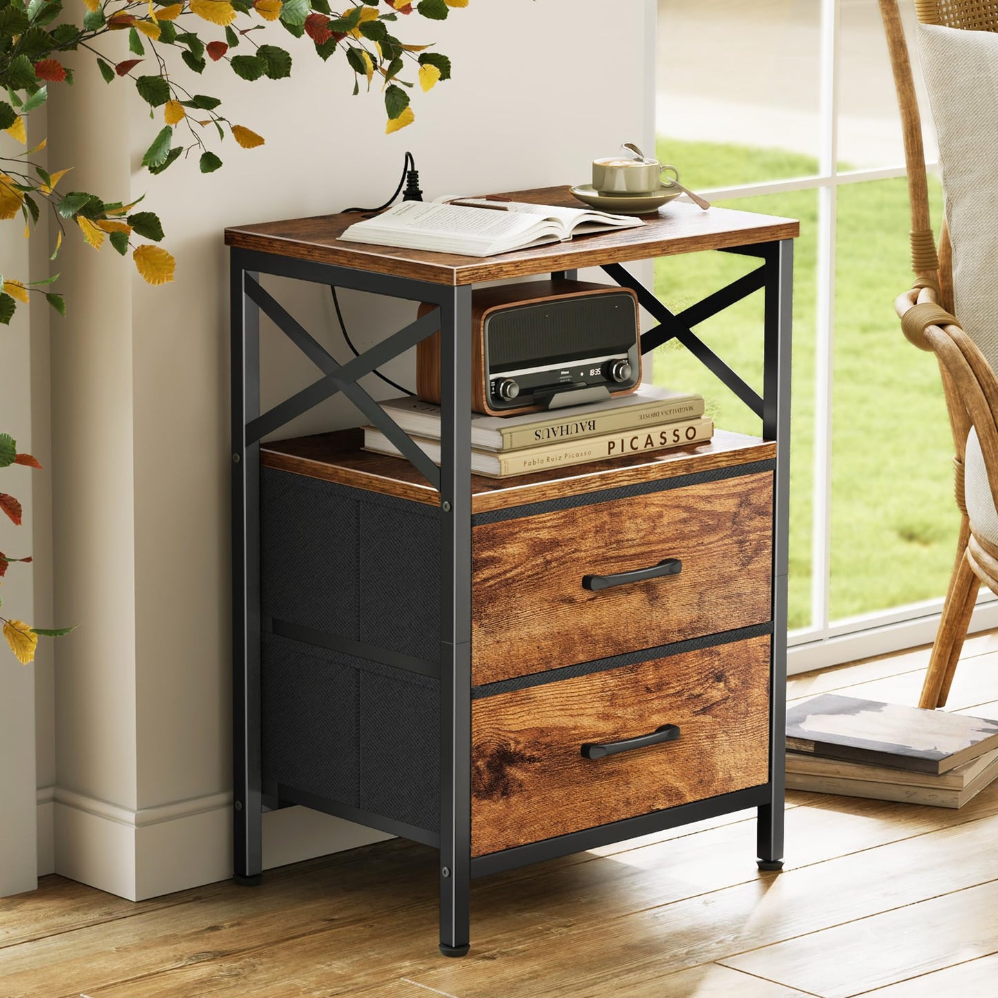 Huuger Nightstands Set of 2, Night Stand with Charger Station, 2 Drawer Side Table with Open Shelf, USB-C Port, End Table for Small Spaces, X Shaped Side Rail, Rustic Brown