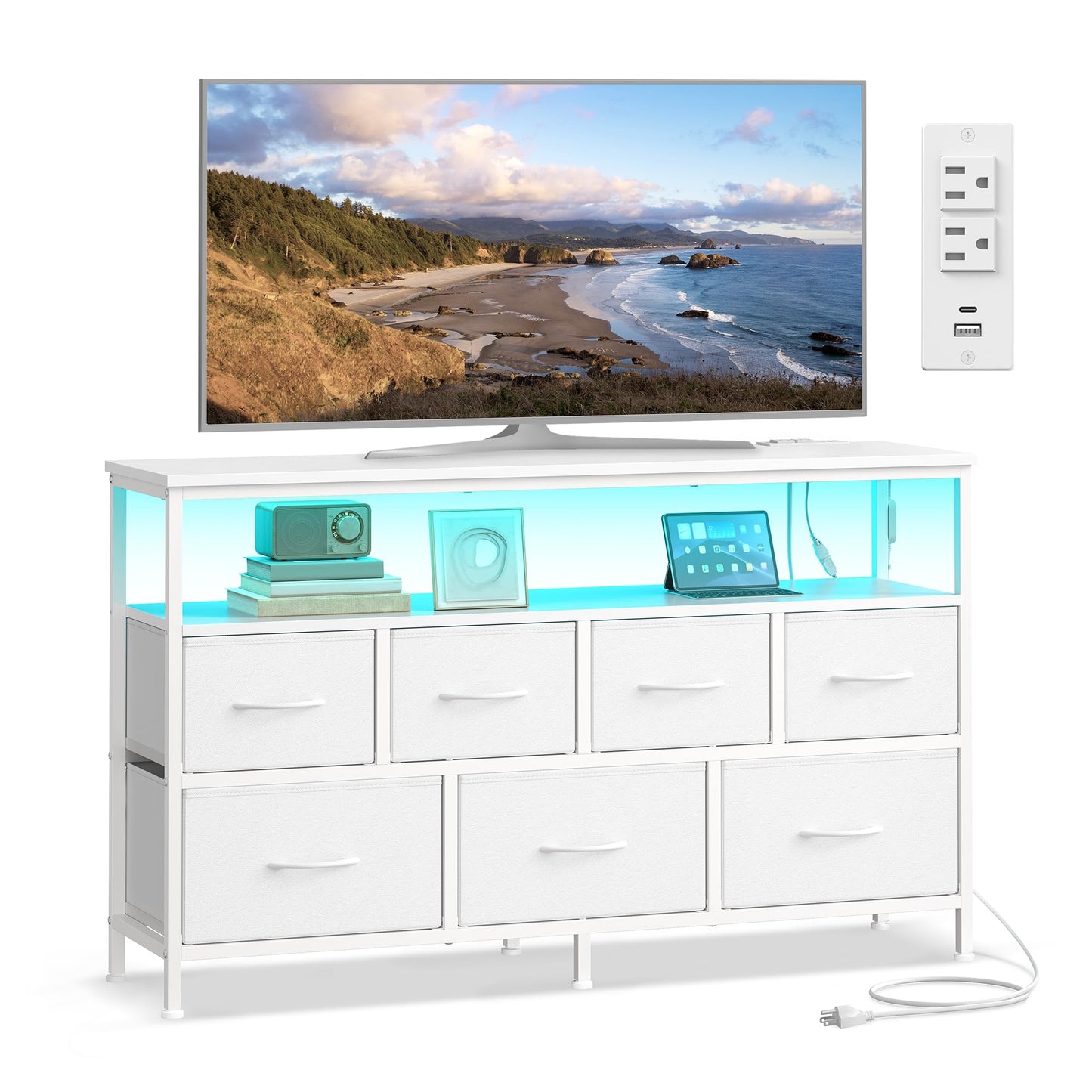 SONGMICS BELLAH Collection - Dresser for Bedroom with App-Controlled LED Lights and Charging Station, Chest of Drawers, TV Stand, 7 Drawers, Shelf, Modern, Cloud White ULGS733WH05S
