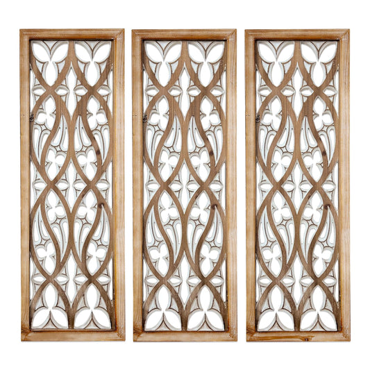 XIAOAIKA Hand Carved Boho Wood Wall Art - Decorative Large Wall Panels, Antique Distressed Wood Sculpture, Elegant Wall Decor Hanging Plaque, Suitable for Gifting (35.5 Inch, 3 Panels)