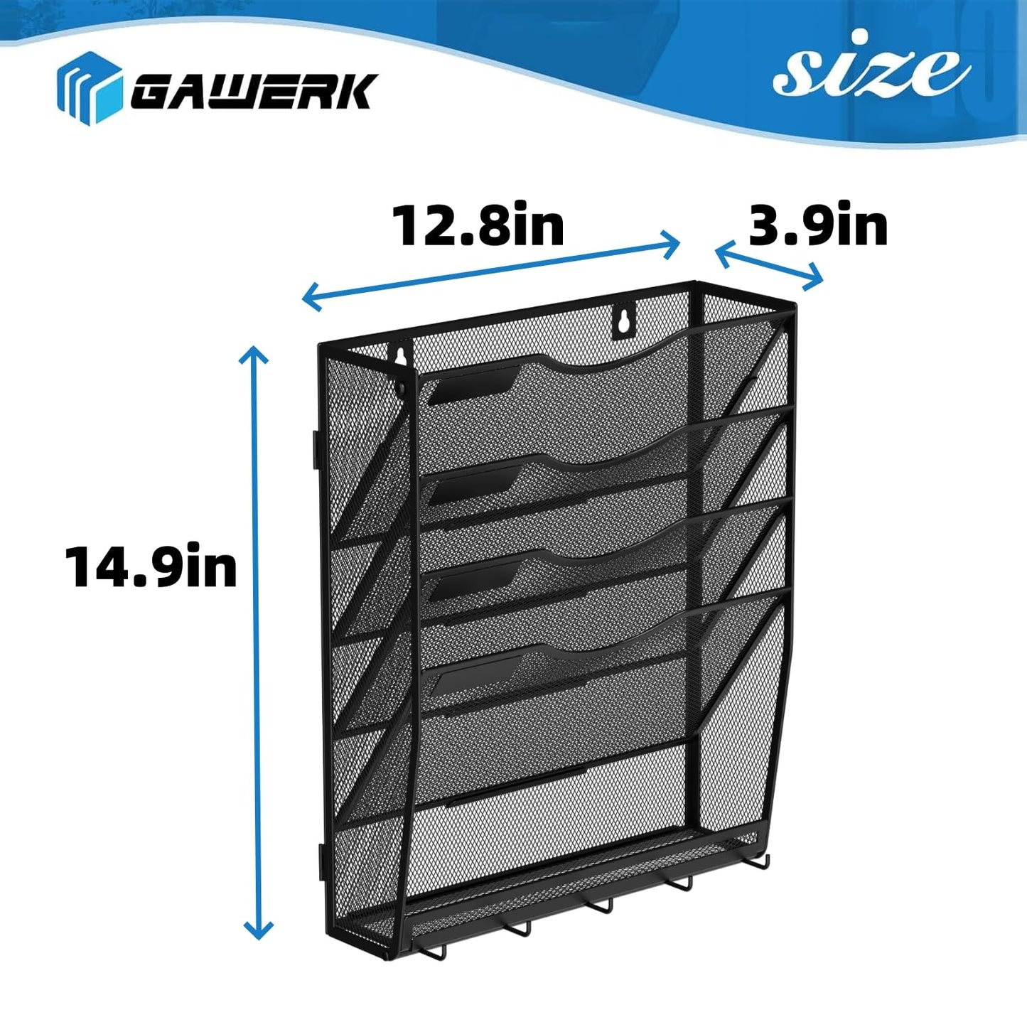 Gawerk 5-Tier Hanging Wall File Organizer with 5 Hooks - Wall Mounted Mail Paper Document Folder Holder, Sturdy Mesh Magazine Rack for Office Home