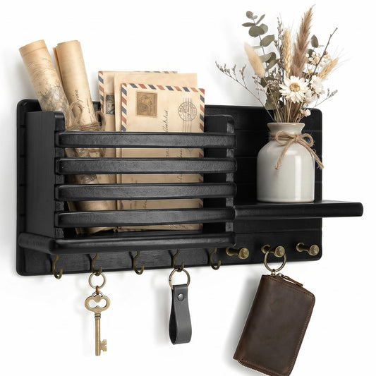 Rebee Vision Pine Wood Key Holder Wall Mount for Home Decor - Decorative Key Holder for Wall with 8 Hooks for Keys & Sunglasses - Entryway Mail Organizer for Home Improvement (Black)