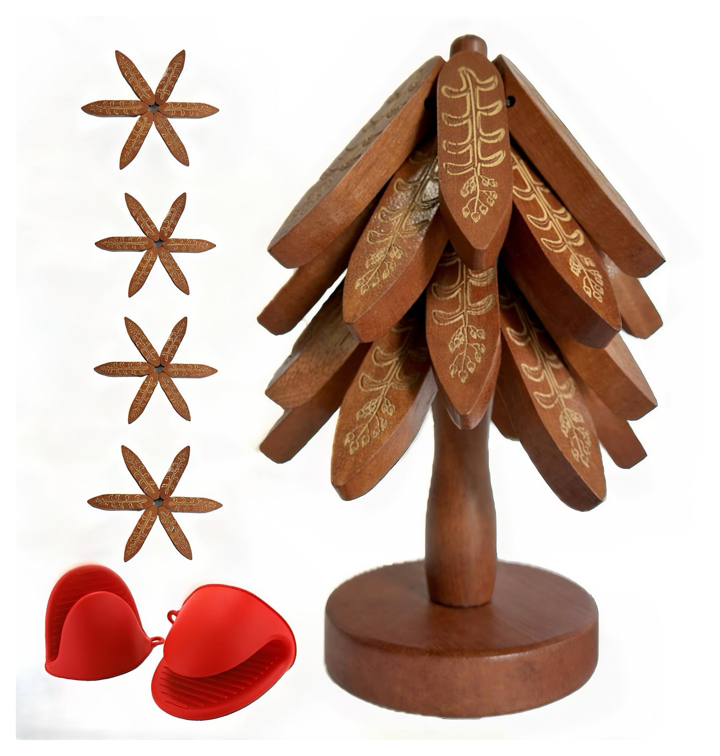 Wooden Trivets for Hot Dishes, Tree Shape Trivet Set, 4 Walnut Wood + 1 Stand stored Like a Christmas Tree,Foldable Kitchen Wooden Trivet,for Hot Dishes、Pot、Bowl、Teapot(Walnut Wood), Non-Slip Design