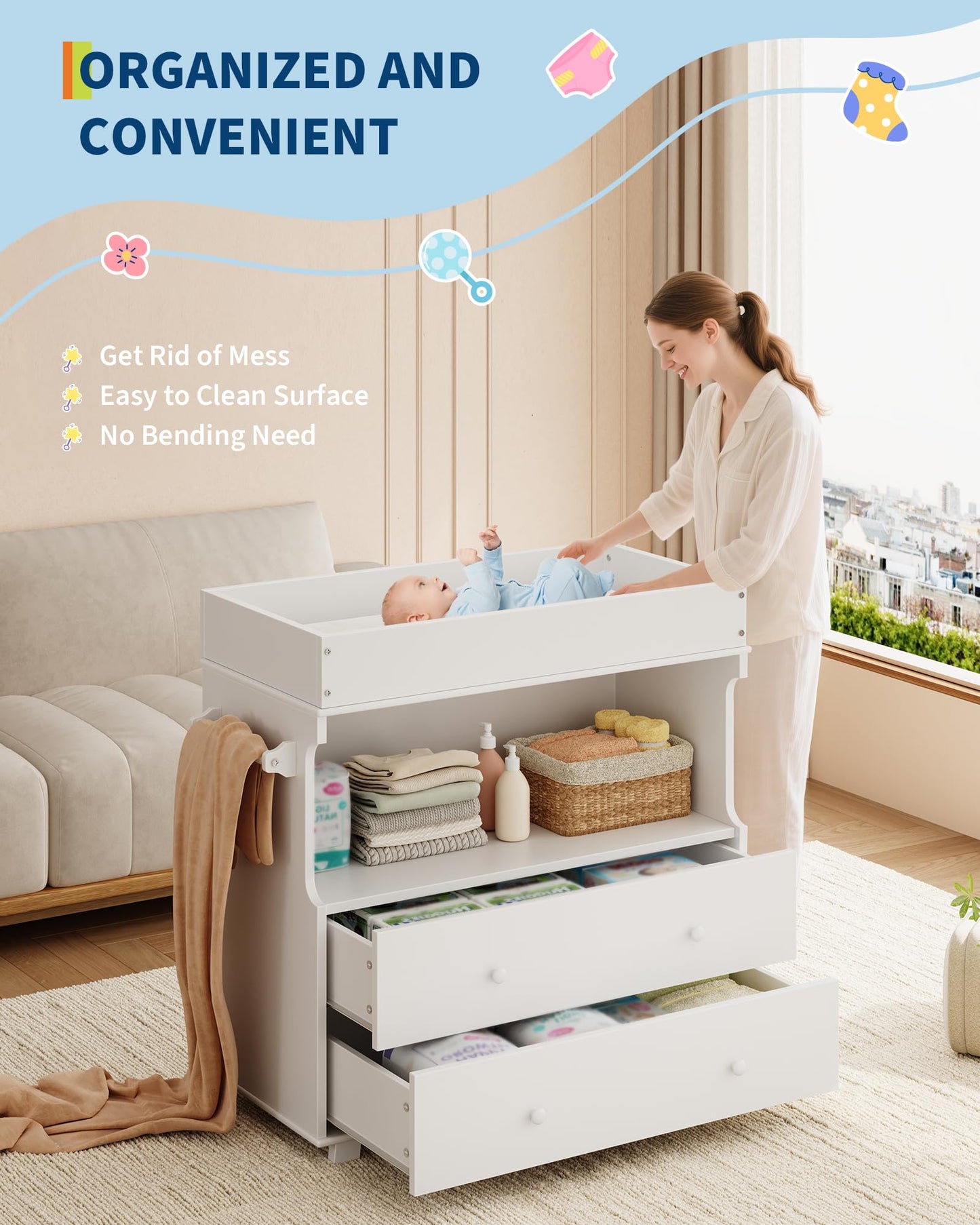 Garvee Baby Changing Table with Drawer and Storage Shelves, Heavy Duty Diaper Station for Nursery, White Wooden Changing Table with Safety Rails for Newborns