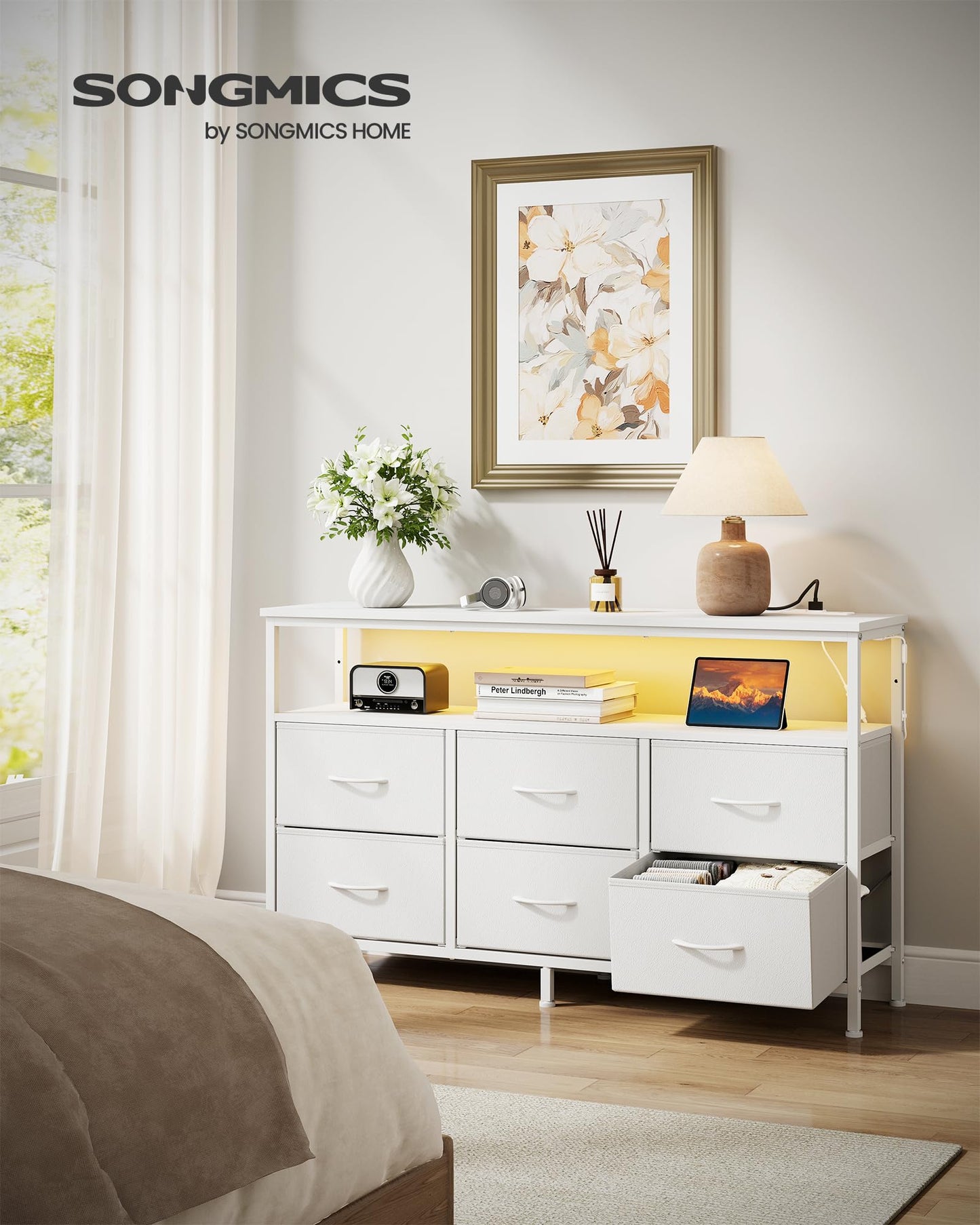 SONGMICS BELLAH Collection - Dresser for Bedroom, Chest of Drawers, TV Stand for TVs Up to 55 Inches, Living Room, Closet, 6 Drawers and 1 Shelf, Modern, Cloud White ULGS833WH02S