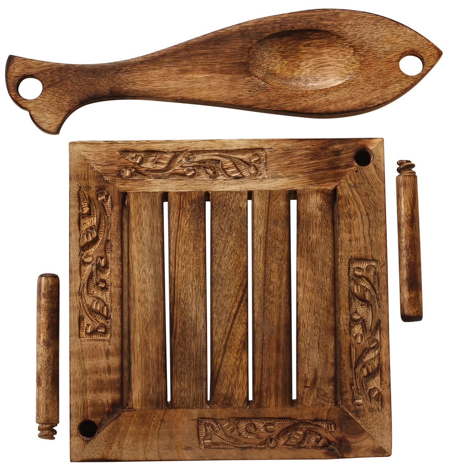 eTroves Wooden Napkin Holder Flat Tray Weighted Fish Shape Bar on Top With Toothpick Holder, 8 Inch, Brown