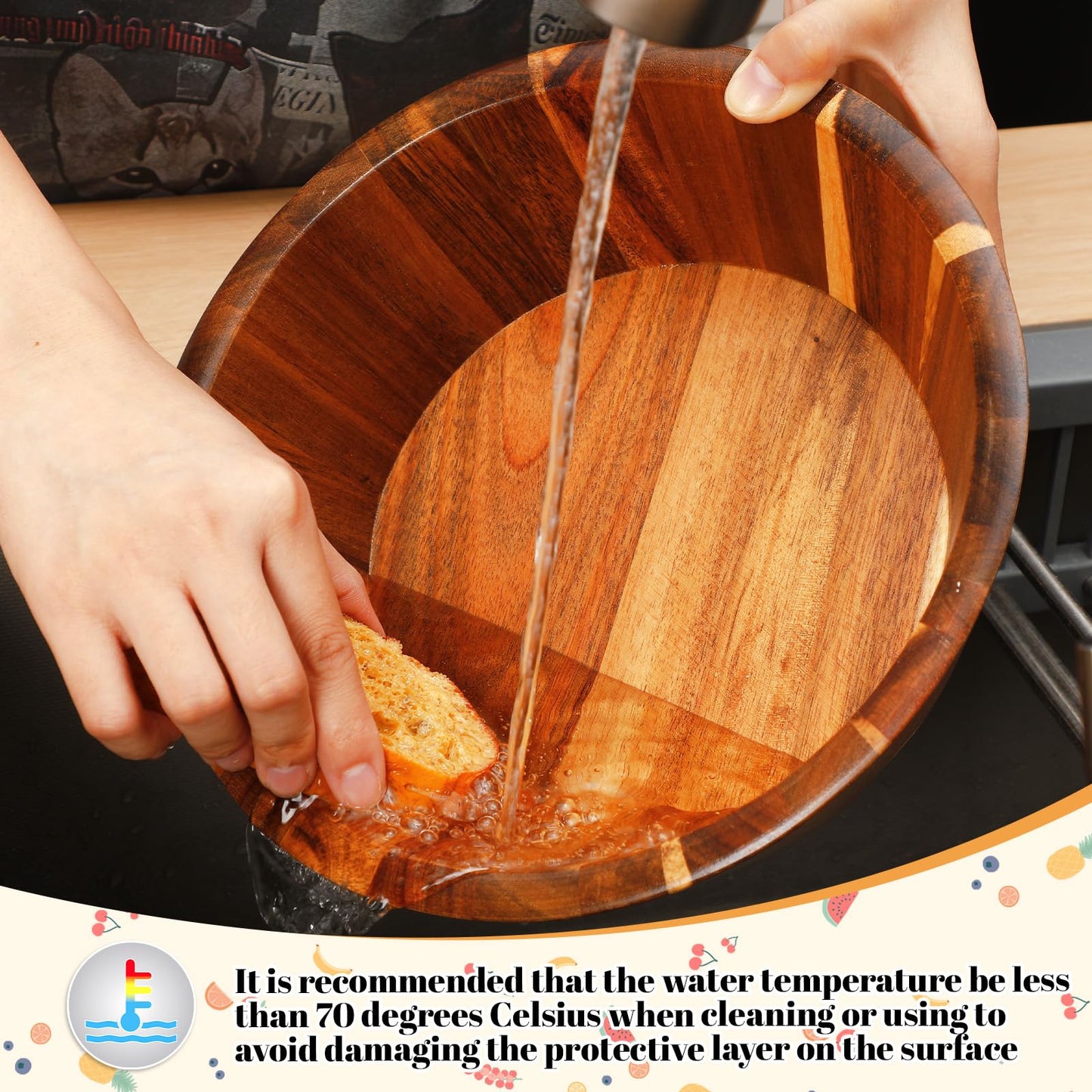Yunlly Wooden Salad Bowl Set of 5 - Large Fruit Mixing Bowls with Salad Servers Utensils for Serving Dining Accessory - Handmade - Acacia Wood - Large 12", Medium 10", Small 8"(Round Design)