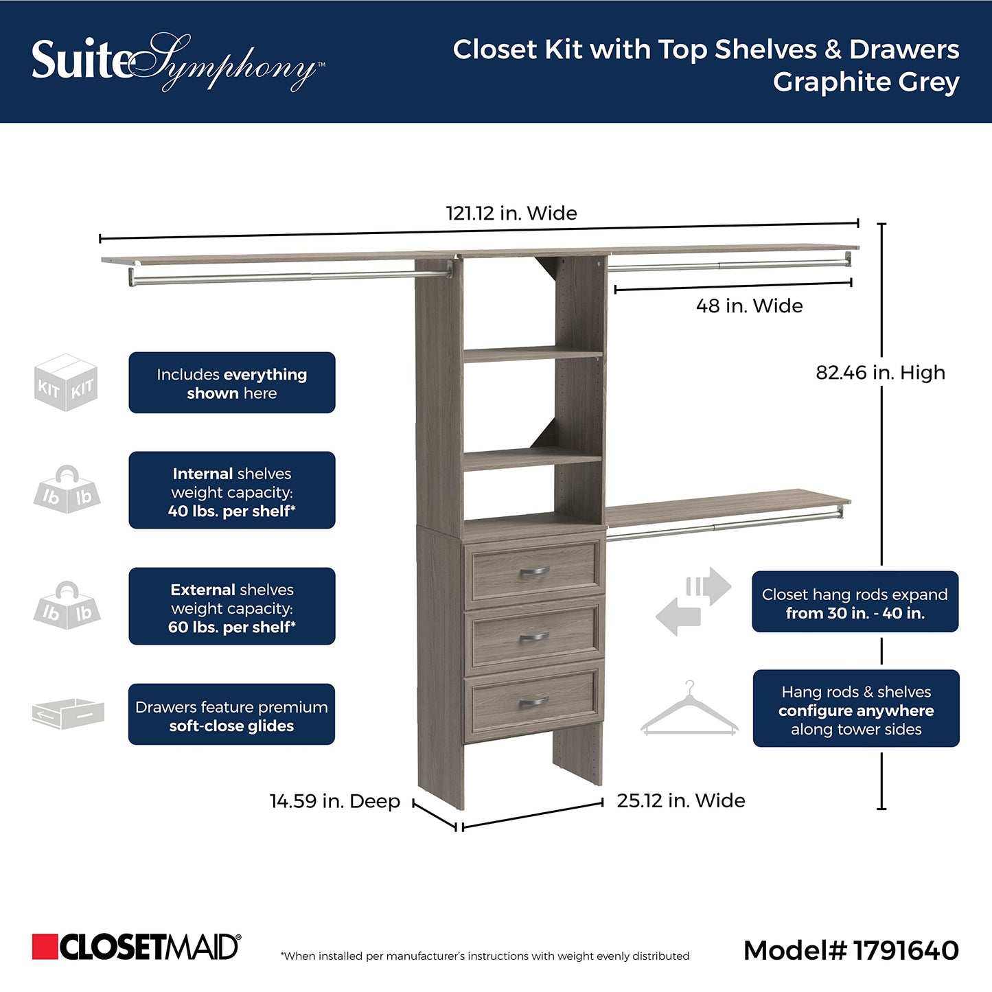 ClosetMaid SuiteSymphony Wood Closet Organizer Kit with Tower, 3 Hang Rods, Top Shelves, 3 Drawers, Adjustable, Fits Spaces 6 - 10 ft. Wide, Graphite Grey