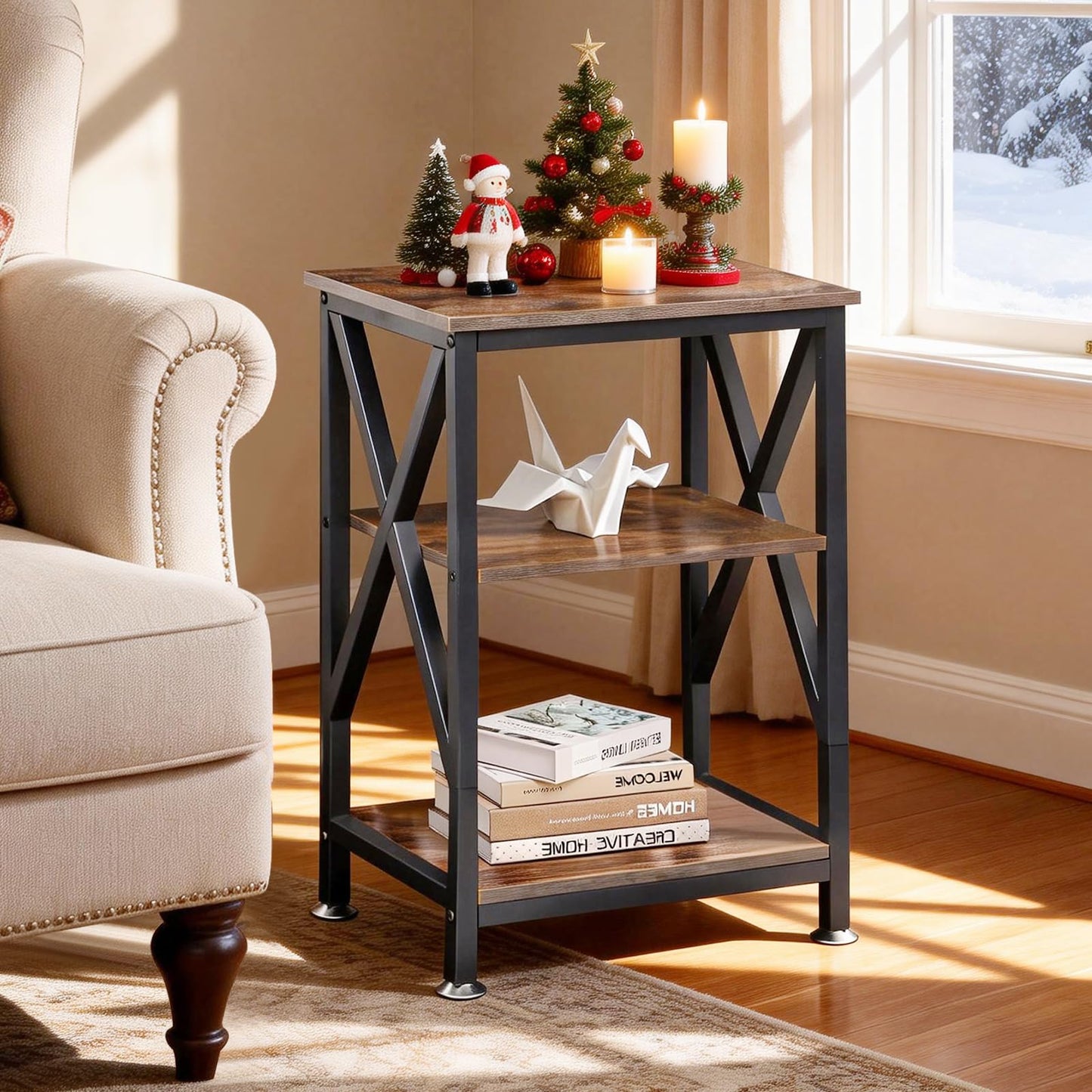 End Tables with Storage Shelf, 12" Deep x 16" Wide x 24" High, Small Side Table 3-Tier, End Tables Living Room Farmhouse, X-Shaped Night Stands for Bedrooms Bedside Tables, End Table Wood and Metal