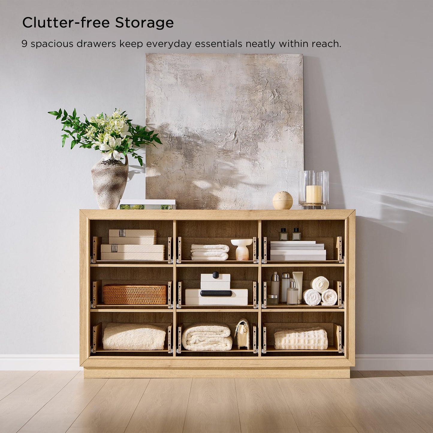 ACCOHOHO 9 Drawer Dresser with Two Included Base Styles, 52" Wide Chest of Drawers, Transitional Modern Closet Dresser with Antique Brass Knobs, Wooden TV Stand for Bedroom, Living Room, Natural Oak