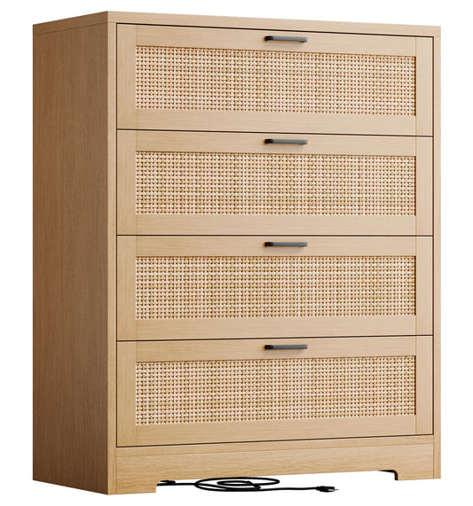 GarveeHome Rattan Dresser, Tall Chest of Drawers, Wood Dresser for Bedroom, Closet, Living Room, Hallway (Natural, 15.8" D x 31.5" W x 38.6" H (4 Rattan Drawers))