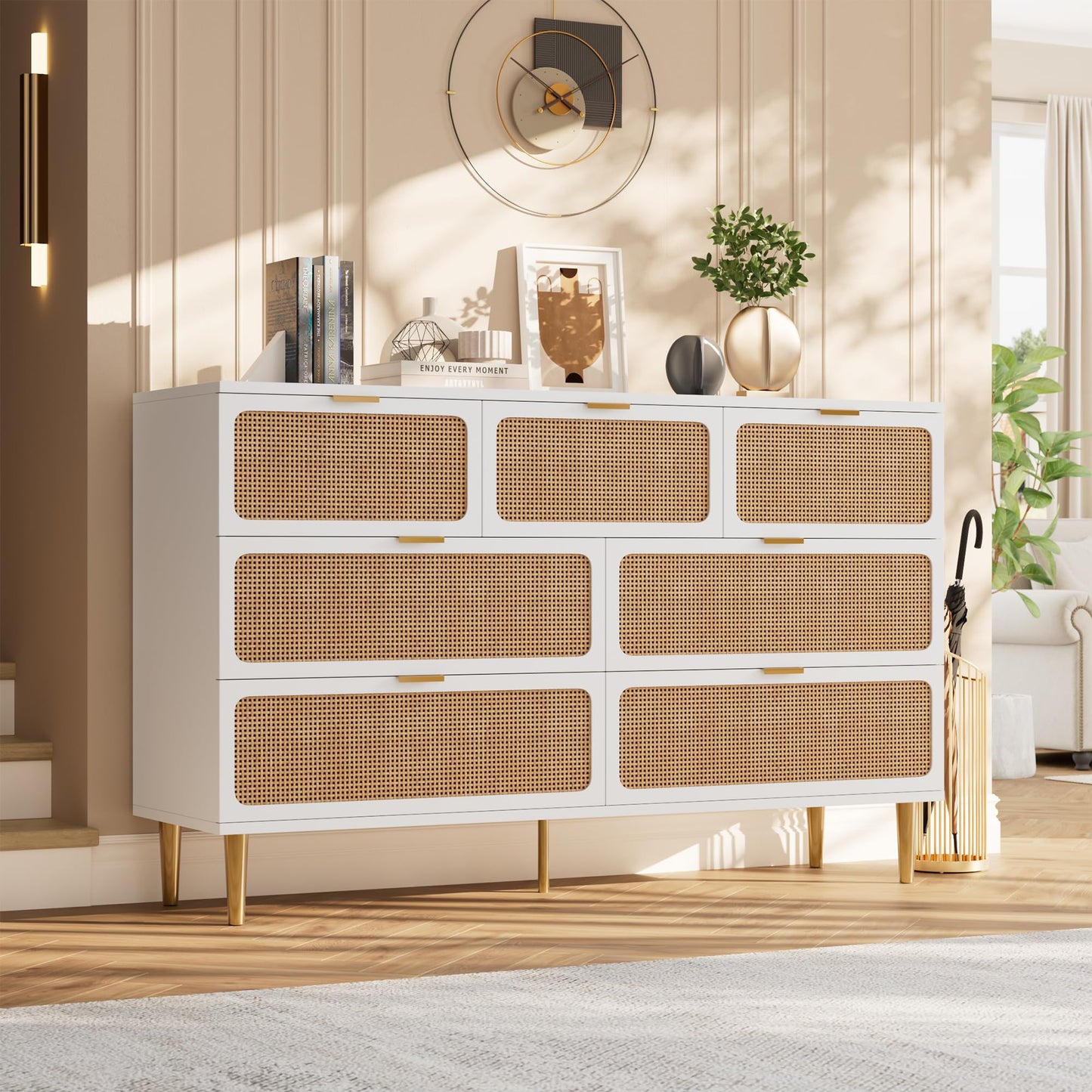 GarveeHome Rattan 7 Drawer Dressers for Bedroom, Tall Dresser with Deep Drawers, Large Chest of Drawers for Closet with Wide Top, Long Wooden Dresser for Living Room, Hallway, Kids Room, White