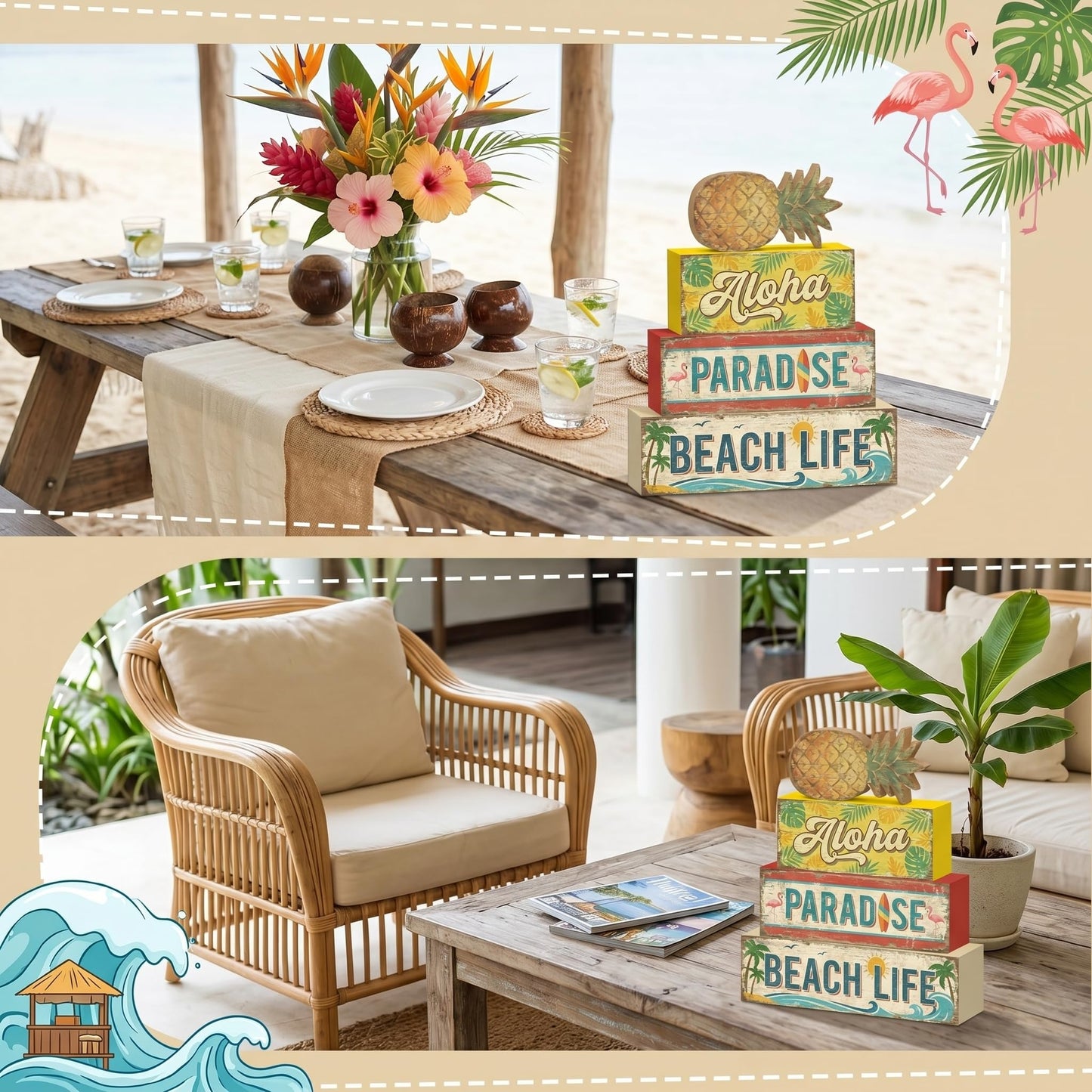 4 Pcs Tropical Pineapple Party Decorations Summer Hawaiian Luau Table Wooden Signs Summer Beach Tiered Tray Decor Fruit Home Bar Shelf Sitter Aloha Paradise Tiki Table Top Gifts