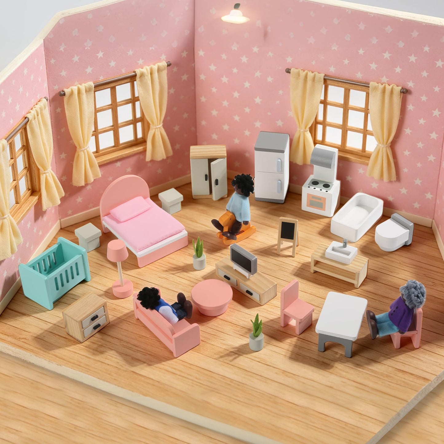 Wooden Dollhouse Furniture Set，Miniature Doll Furniture Accessories with 5 Rooms,for Kitchen, Living Room, Bedroom, Bathroom, Babyroom,Pretend Play Furniture for Toddlers 3 4 5 6 Years Old