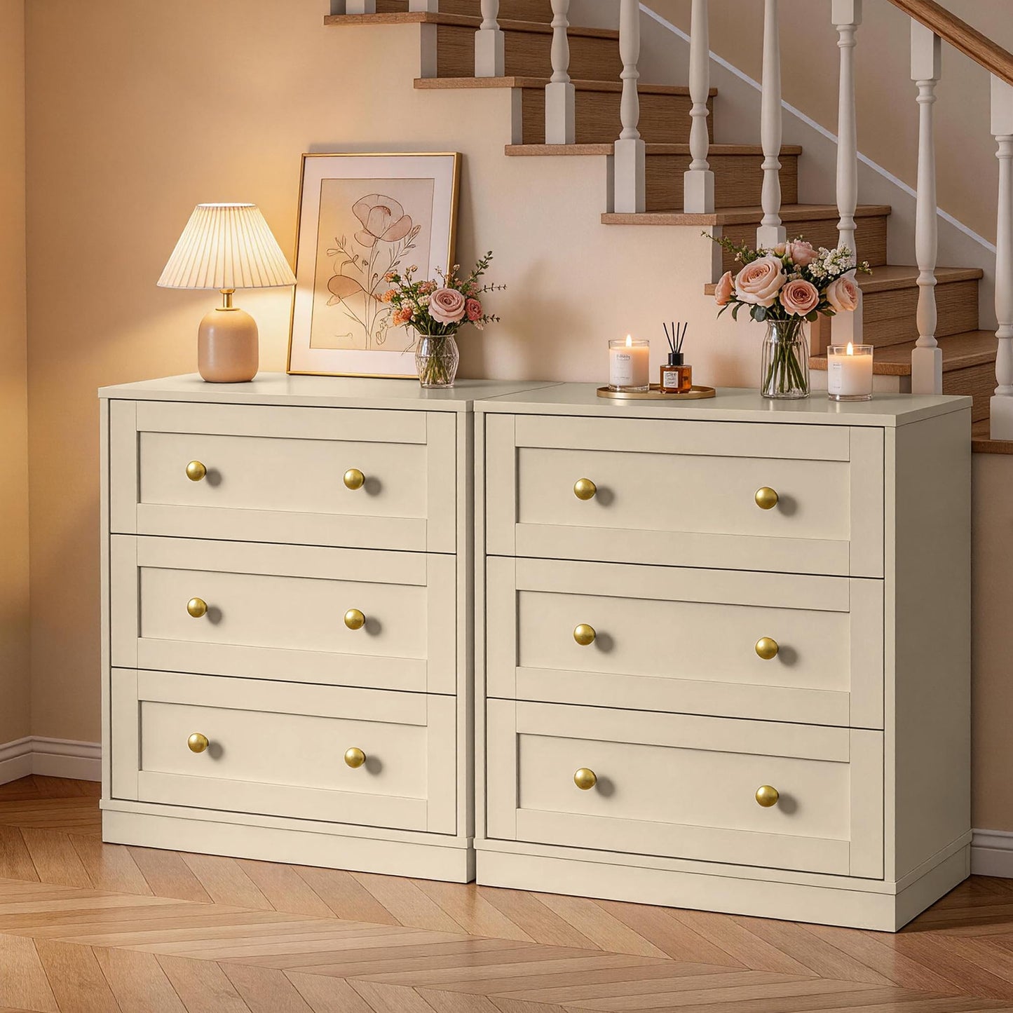 RoyalCraft Small 3 Drawer Dresser Set of 2, Beige Dresser for Bedroom, Wood Nightstand with Drawers, Modern Chest of Drawers for Closet, Living Room, Entryway