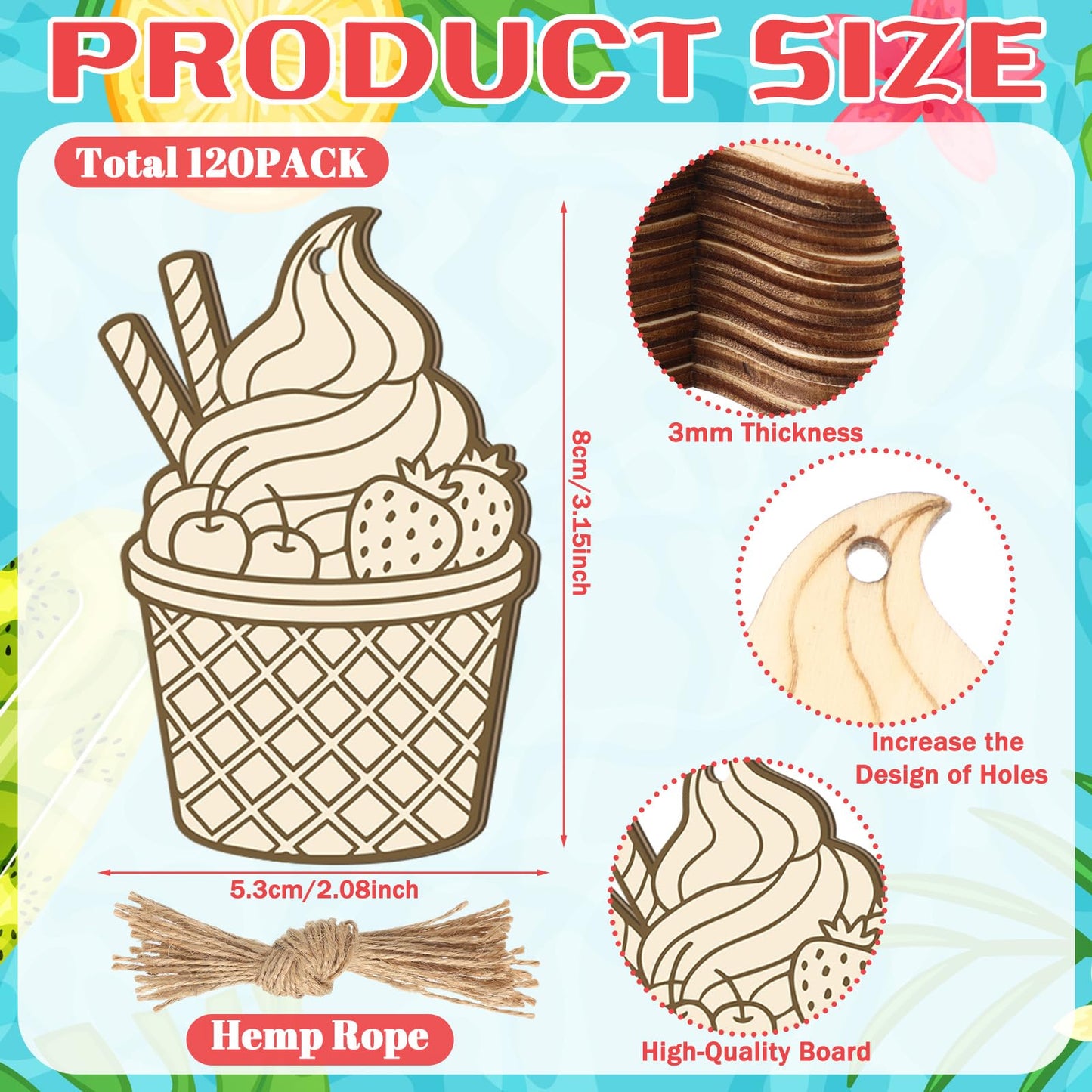 Thyle 120 Pcs Summer Ice Cream Crafts Bulk Wooden Ice Cream Ornaments to Painting DIY Unfinished Blank Wood Cutout for Crafts for Summer Party Activities