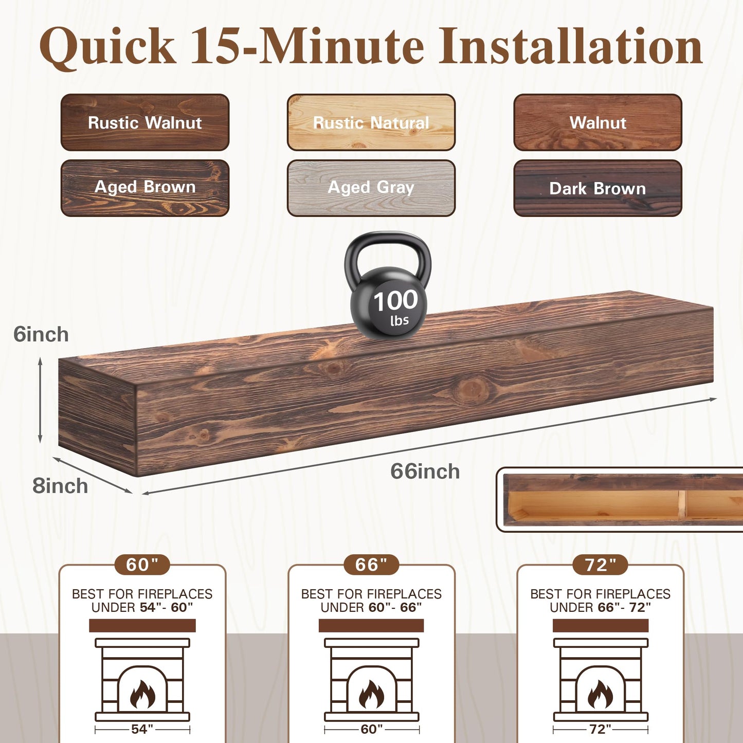 Eshoma Fireplace Mantel Shelf 66 Inches - Handcrafted Wood Mantles for Over Fireplace - Wall Mounted Fireplace Mantel Shelf for Living Room Decor - 66 Inch - Aged Brown