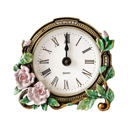 Pasiir Silent Mini Vintage Analog Table Clock with Hand-Painted Metal Body and Battery Operated Non-Ticking Core for Shelf, Bedroom, Bedside, Desk, Gift Clock