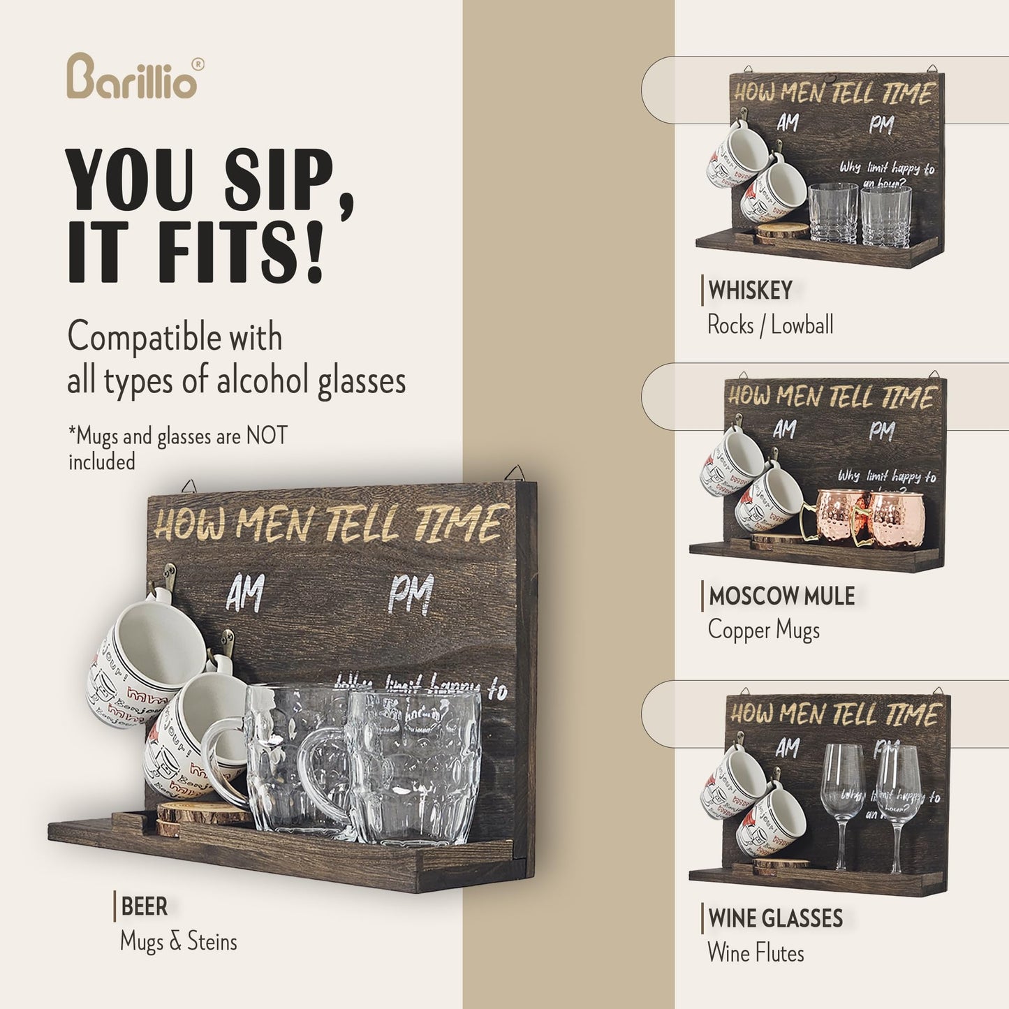 Wall Mounted or Tabletop Wooden Drinkware Board | AM/PM Coffee Mug and Alcohol Glass Holder | Funny Gift for Men, Dad, Husband, Christmas - Fits Wine, Whiskey, Beer Glasses | Glasses Are Not Included