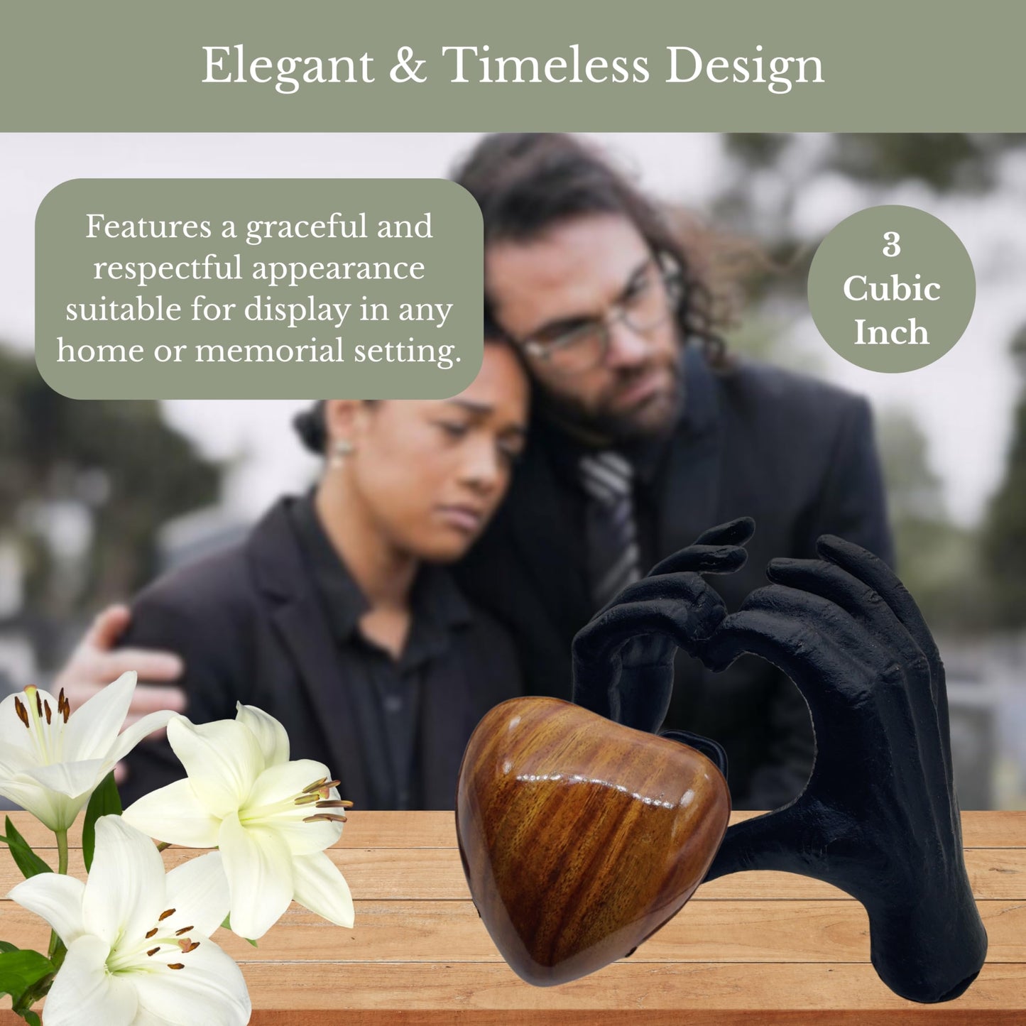 ZAHANAARA Wooden Heart Urn for Ashes Adult Male & Female |Handcrafted Memorial Box for Funeral|Memorial Gifts, Ashes Keepsake |Aluminum Cremation Urns|Unique Tribute in Hands Design - Black, 3 cu in