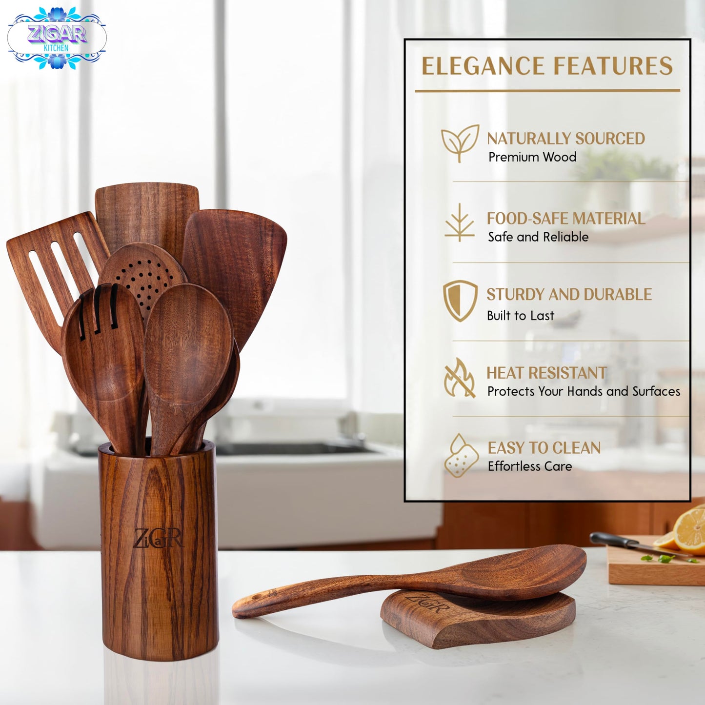 Wooden Spoons for Cooking - 9 Pieces Natural Teak Wood Kitchen Utensils Set with Utensil Holder & Spoon Rest - Durable Heat Resistant, Safe, Smooth Curved Grip - Non-Scratch & Non-Stick Spatula