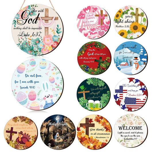 Geelin 12 Pcs Christian Seasonal Sign 12 Inch Easter Jesus He Is Risen Door Decoration Religious Cross Wood Wreath Spring Wall Hanging Art for 4th July Summer Outdoor Decor