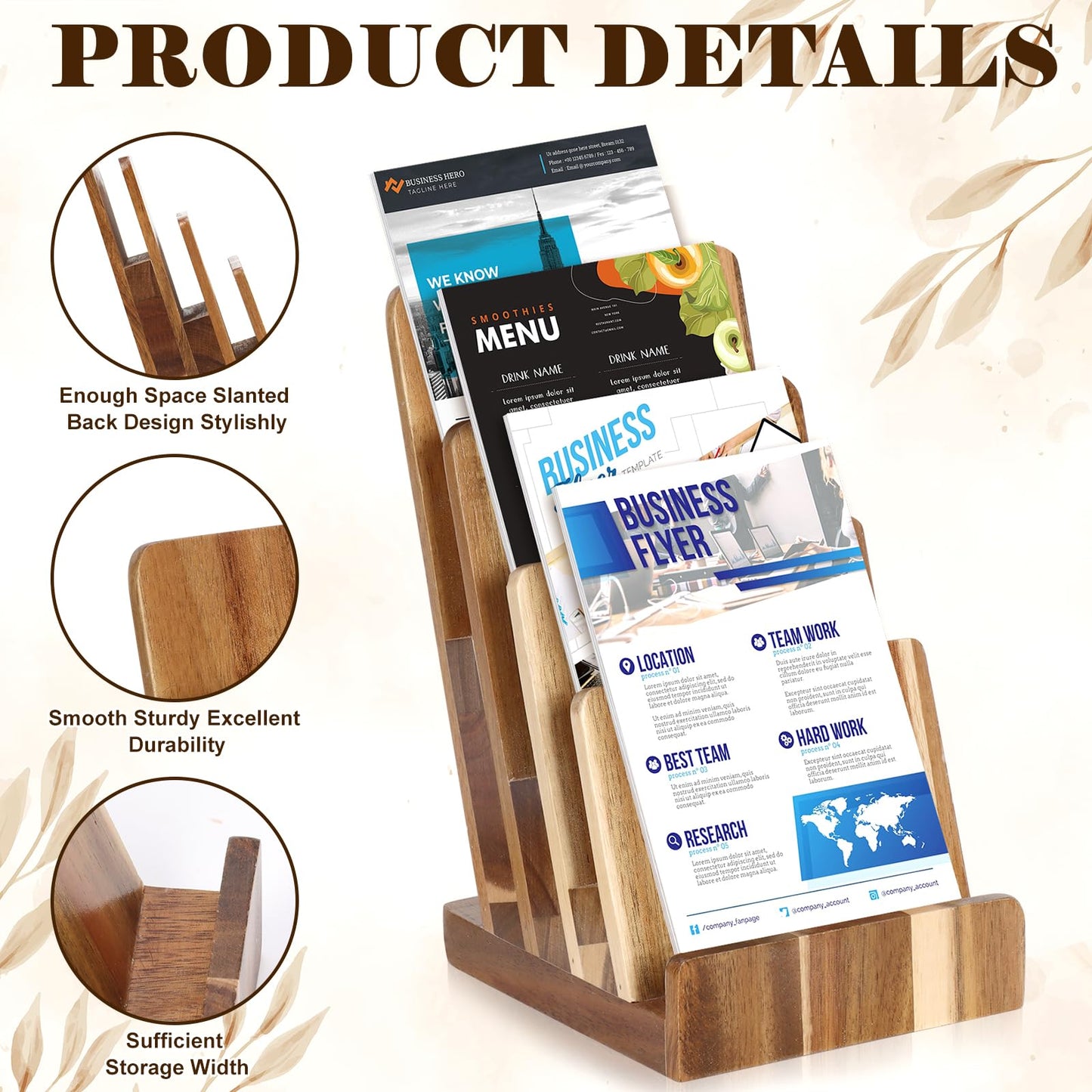 HKSZEH 4 Tier Acacia Wood Brochure Display Stand 6 x 9 inch Brochure Holder Pamphlet Display Stand for 5.5 x 8.5 inch 5 x 7 inch Booklets Menus Postcard Holder Multi Purpose Organizer