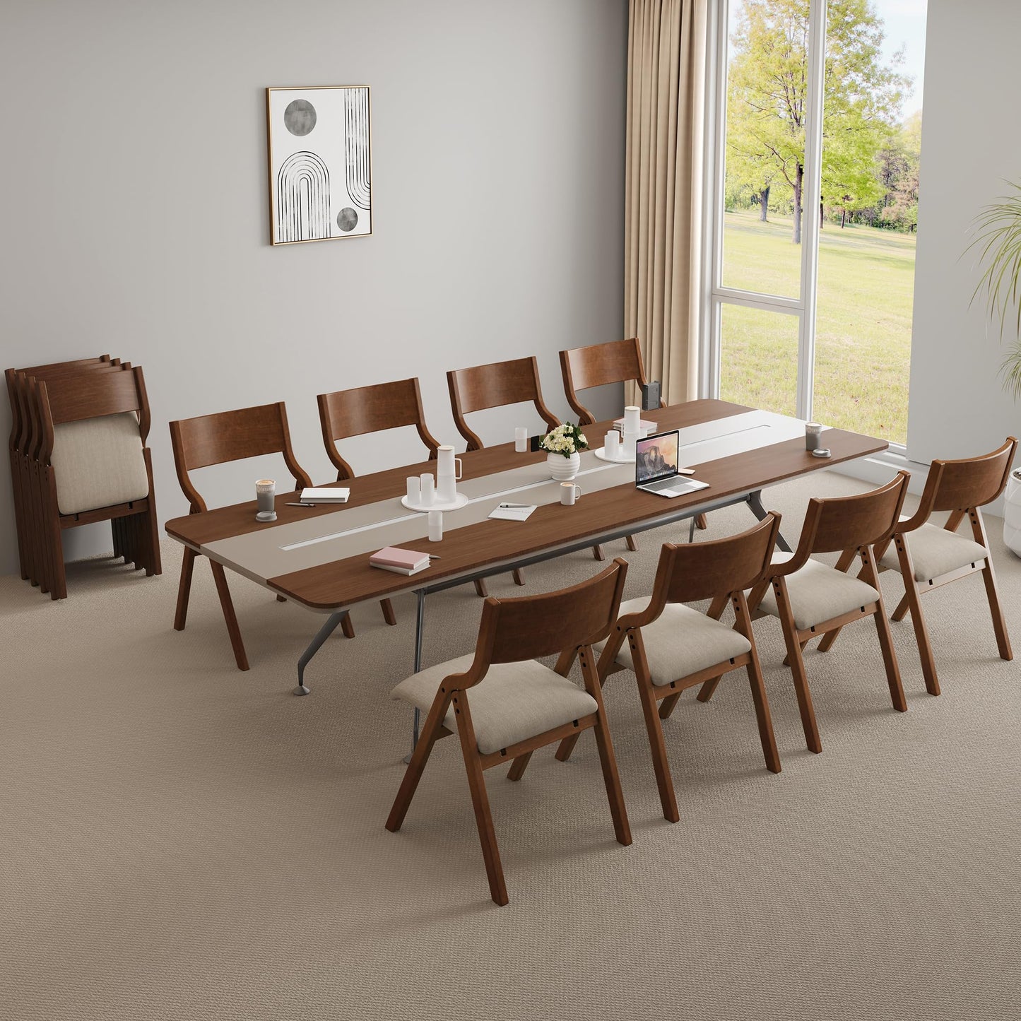 Ball & Cast Upholstered Folding Chairs Set of 2, Kitchen Dining-Chair w/Solid Wood Frame, Portable Activity Neeting Chair,No Assembly Needed, Easy Carry and Storage,Walnut+Taupe