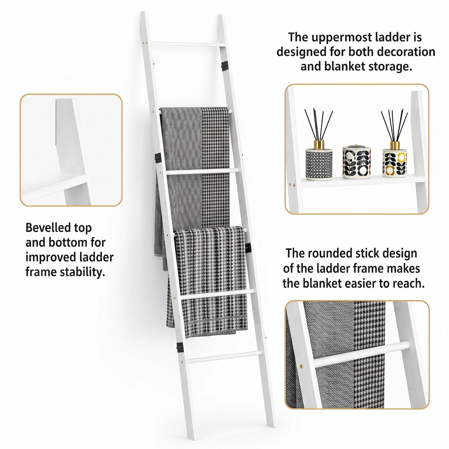 Plusinthebox 6 Tier Blanket Ladder with Shelf, Wooden Blanket Rack for Living Room, Leaning Towel Ladder Rack for Bedroom, Bathroom, Quilts, Throws, Towels and Farmhouse Décor White