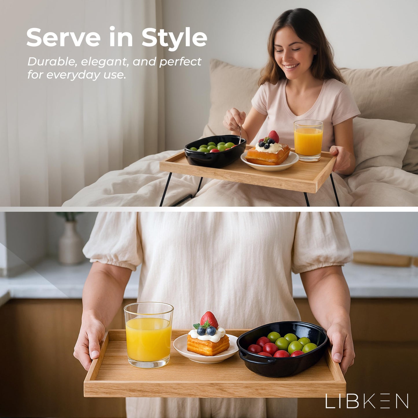 Libken Rubberwood Serving Tray with Foldable Legs – Minimal Scandinavian Design Bed Tray Table – Elegant Wooden Breakfast in Bed Tray, Food Serving Tray for Eating, Snacks, Reading & Laptop Use
