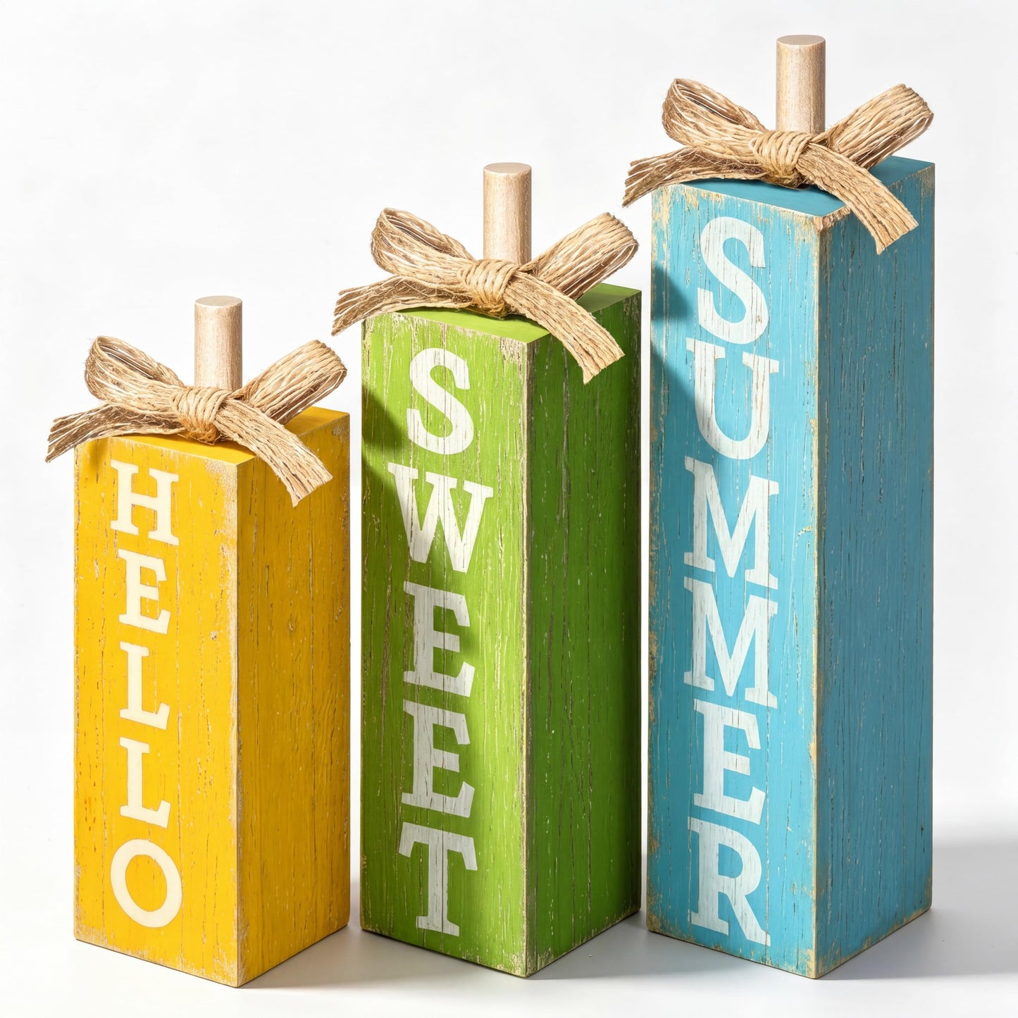 Seeloowy 3 Pcs Hello Sweet Summer Table Block Signs Rustic Farmhouse Wood Lemon Centerpiece Blue Yellow Green Hello Summer Decorations for Tiered Tray Decor Home Office Kitchen Mantel Shelf Indoor