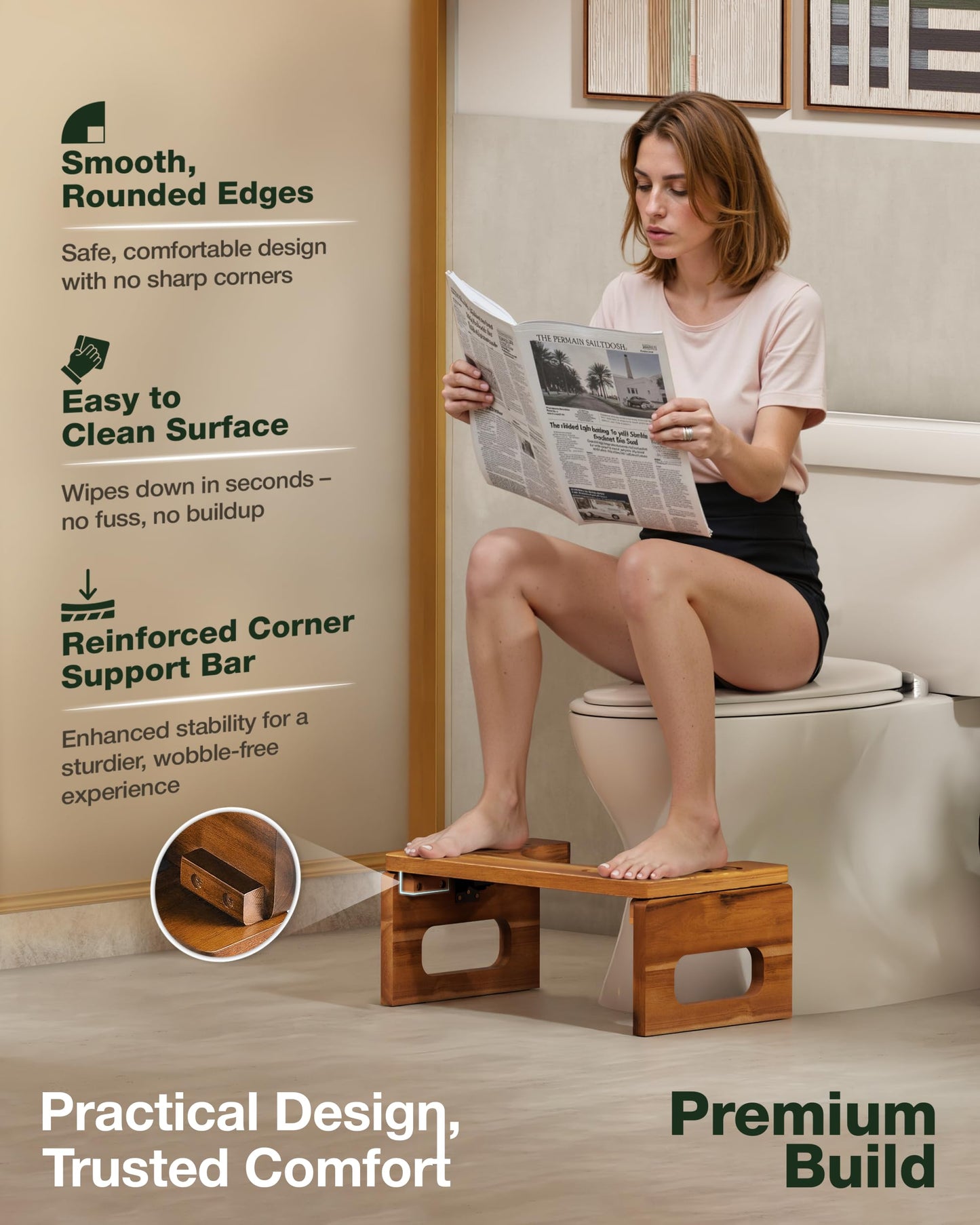 BLUEWEST Foldable Toilet Stool, 7'' and 9'' Adjustable Heights Acacia Wood Poop for Potty Training,Durable Collapsible Bathroom Stool, Adjustable Height for Family Members with Non-Slip Layer