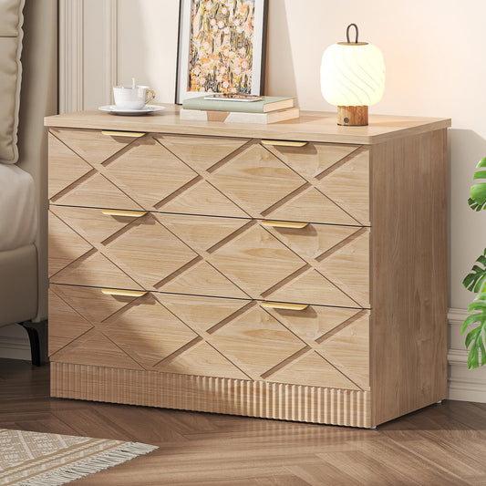 kepptory 32" Wide Nightstand with 3 Storage Drawers, Large Side Table with Carved Diamond Design and Fluted Wave, Wooden Night Stand Bedside End Table, Easy Assembly and Anti-Tipping Device (Natural)